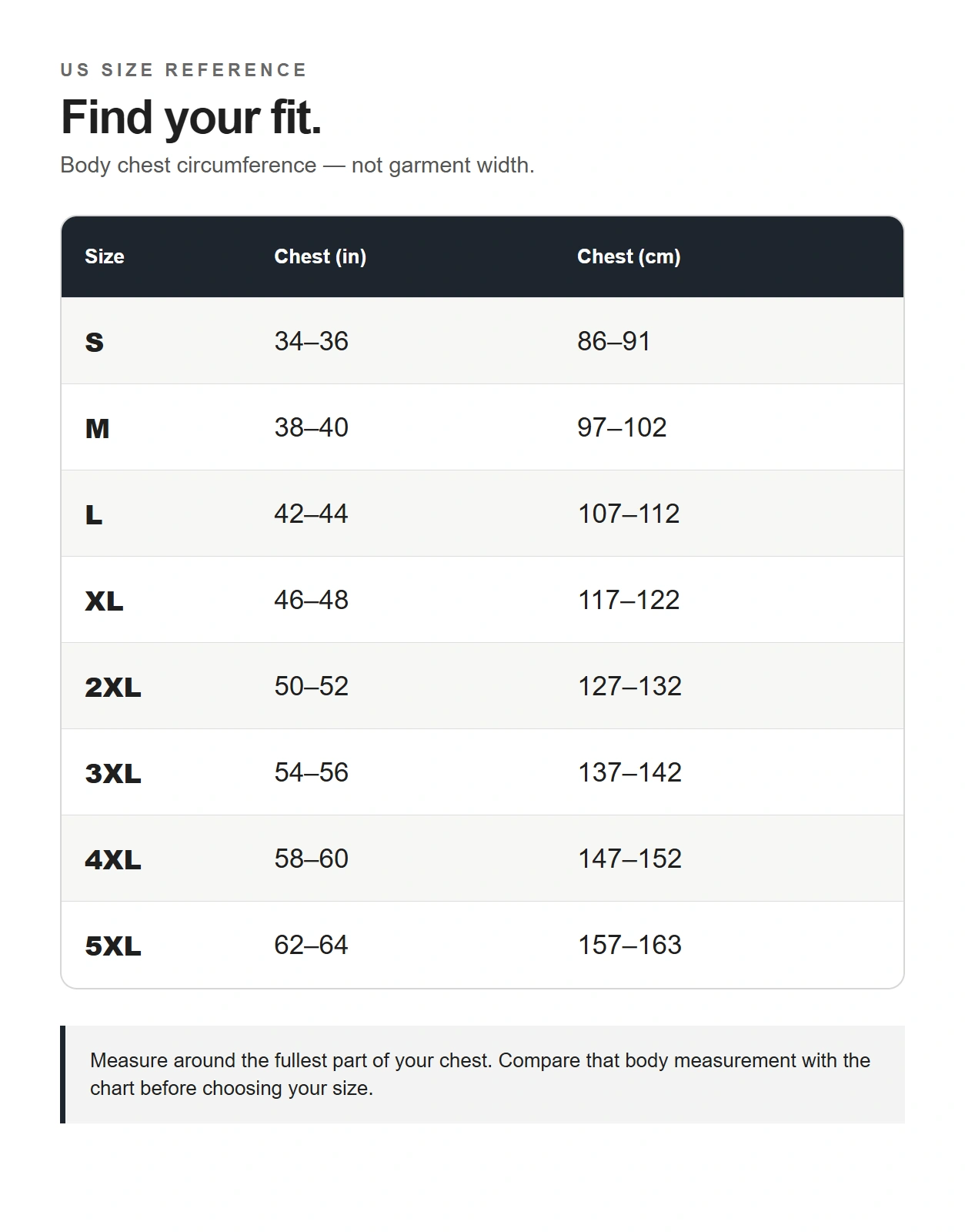 Men's US body chest size guide from S to 5XL in inches and centimeters