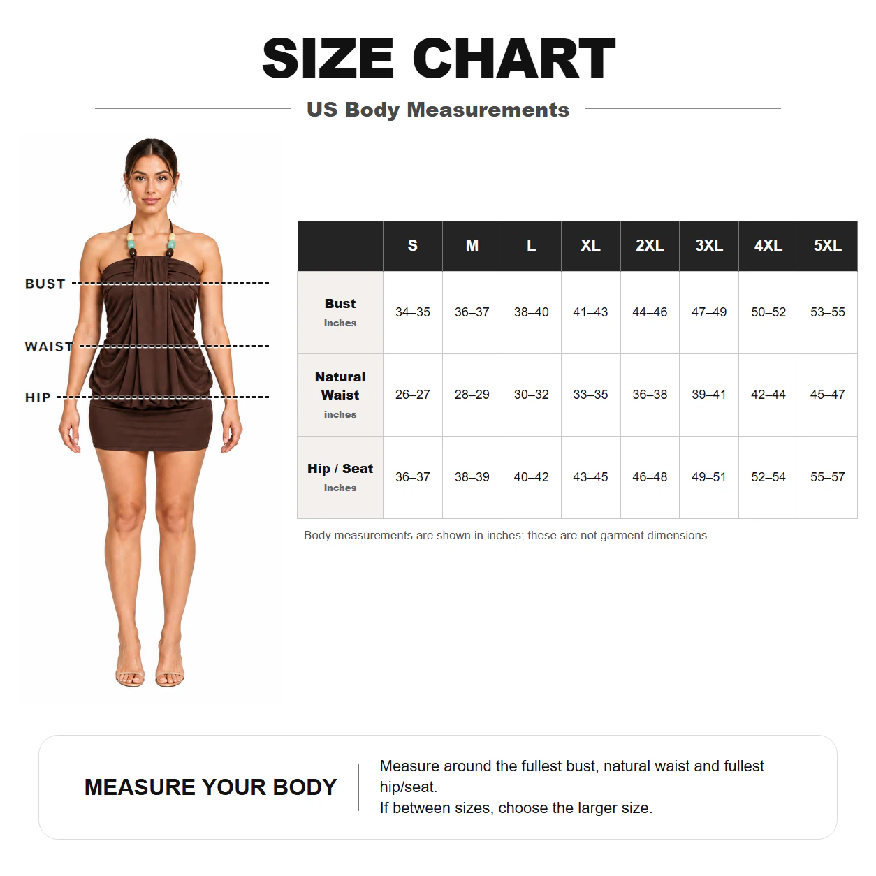 Women’s US body measurement size guide from S to 5XL in inches