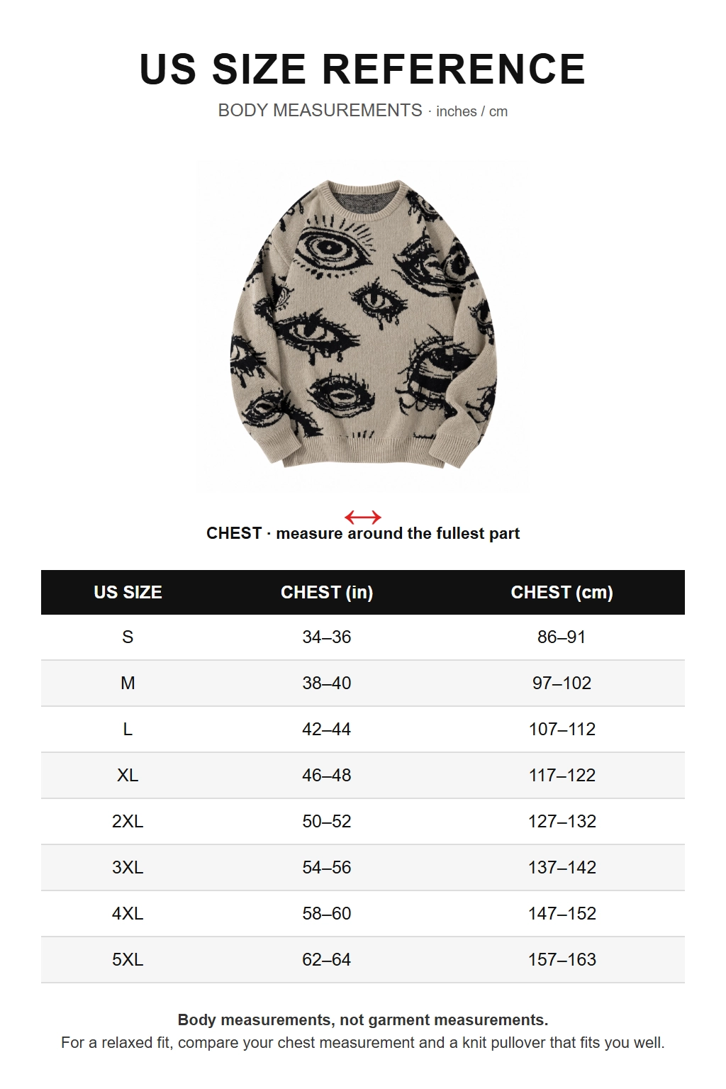 US body chest size reference from S through 5XL in inches and centimeters