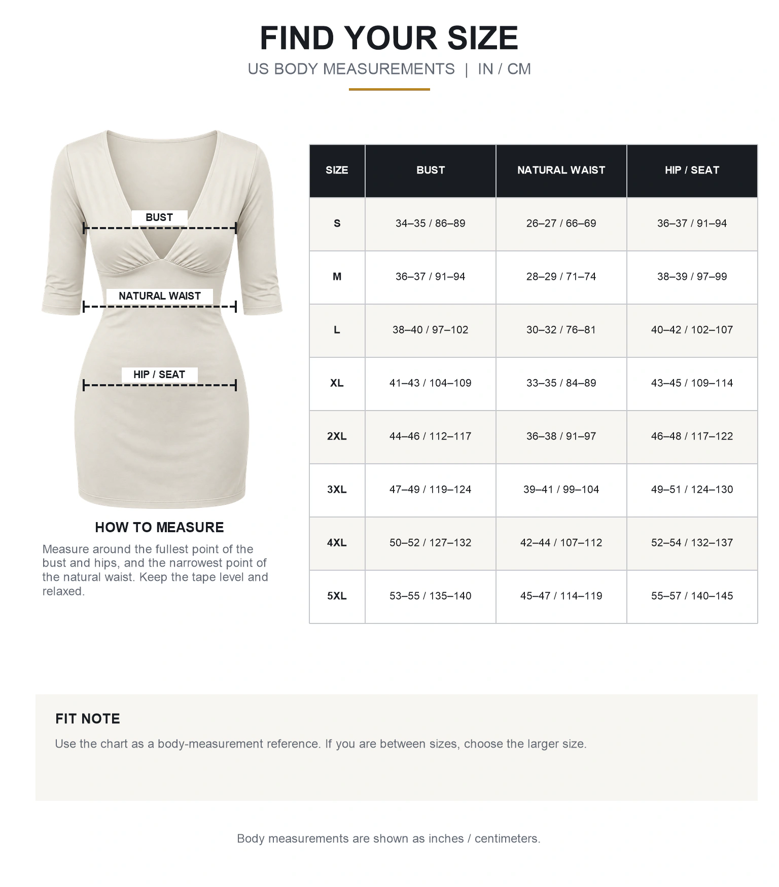 US body measurement size guide S to 5XL with bust waist and hip measurement points