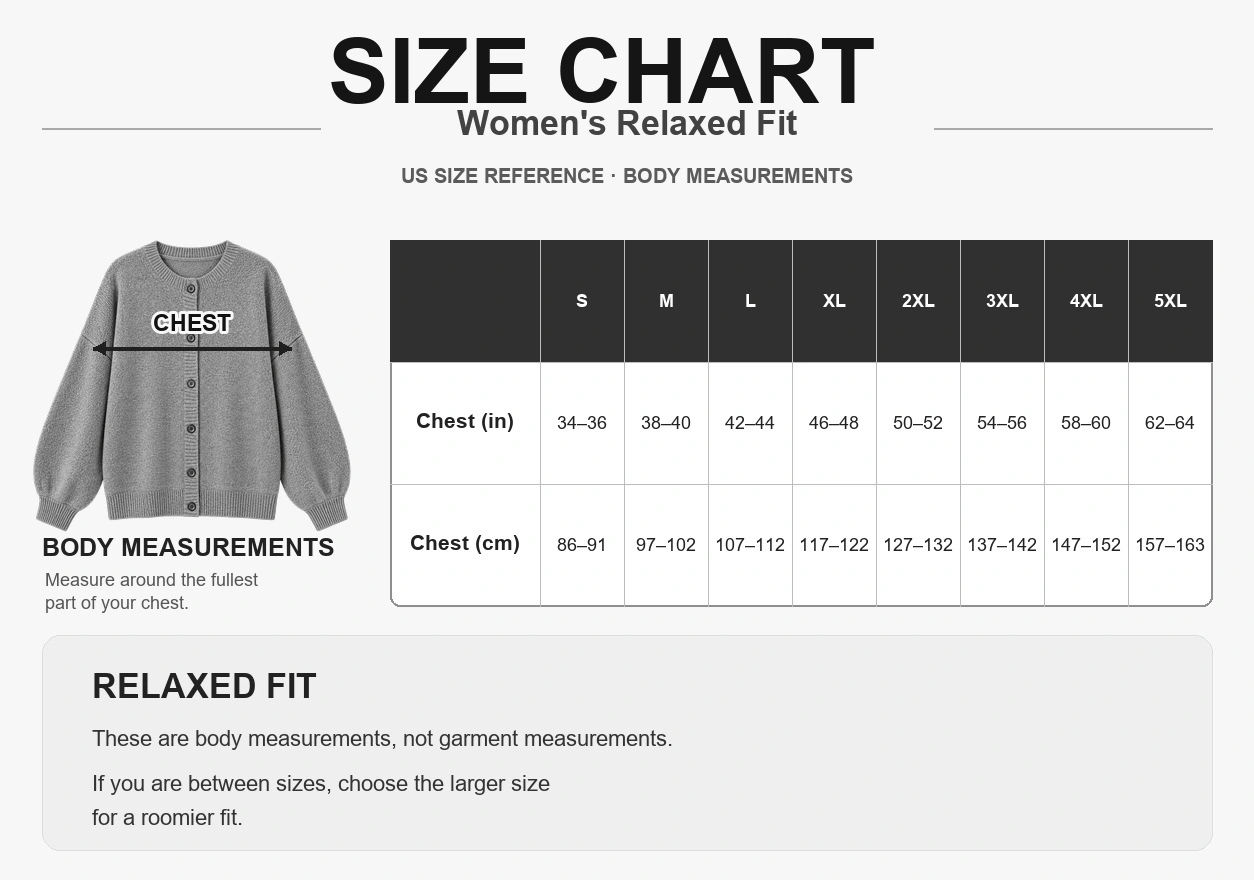 Women's relaxed-fit body chest size chart from S to 5XL in inches and centimeters