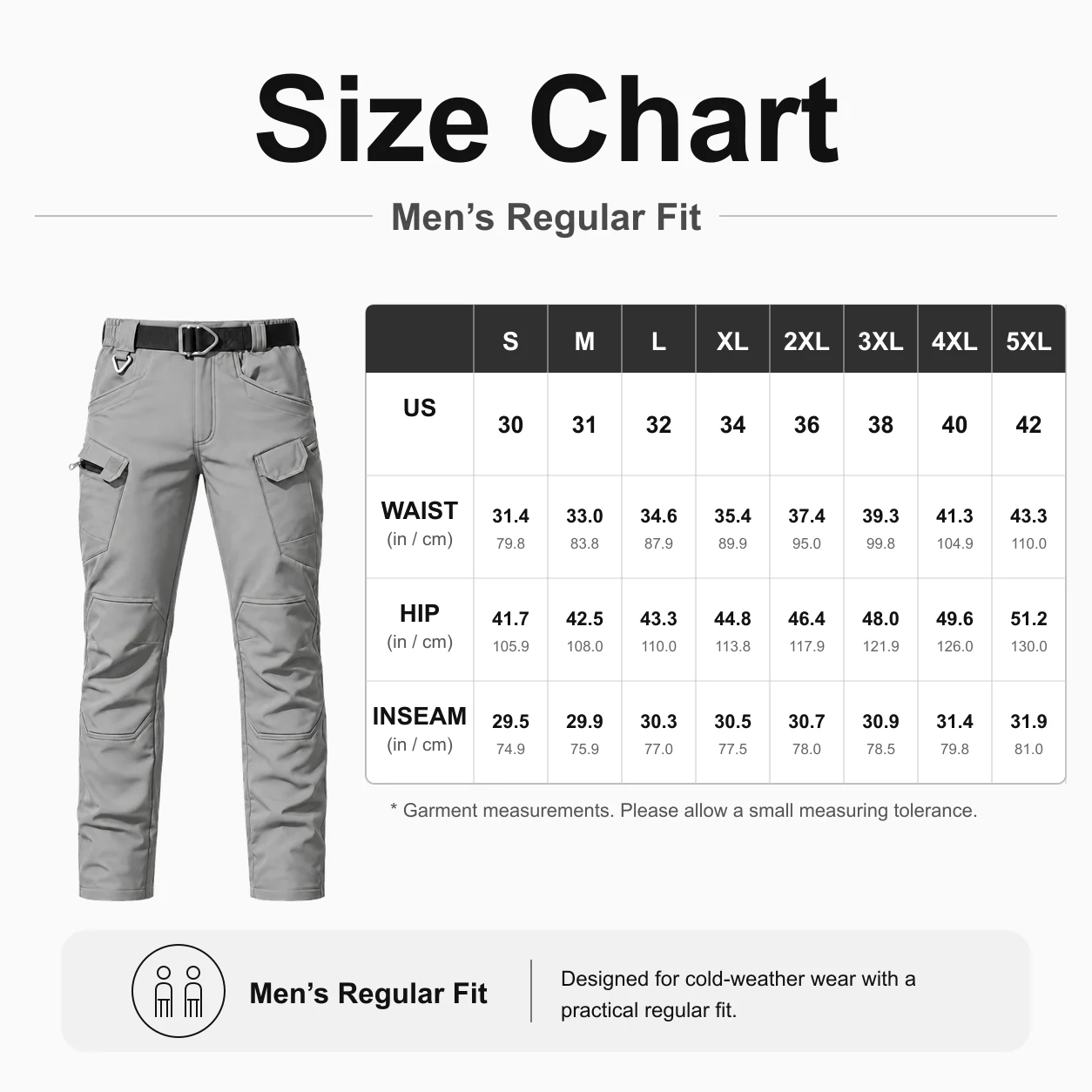Garment measurement size guide from S through 5XL