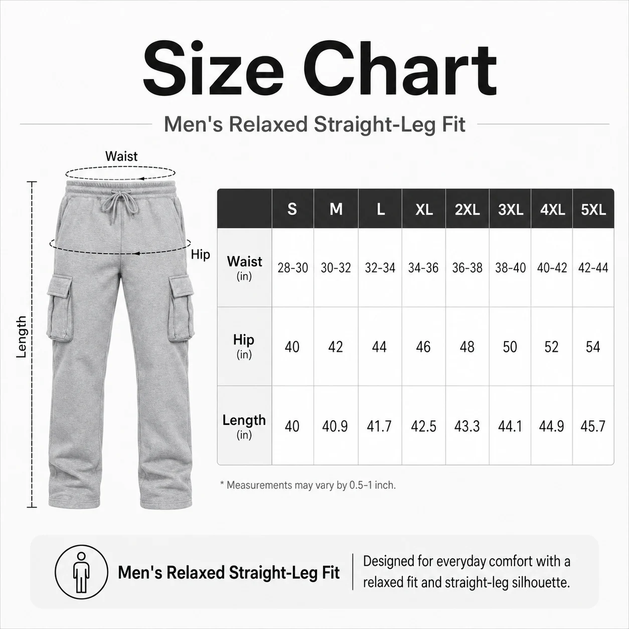 Garment measurement size chart from S through 5XL