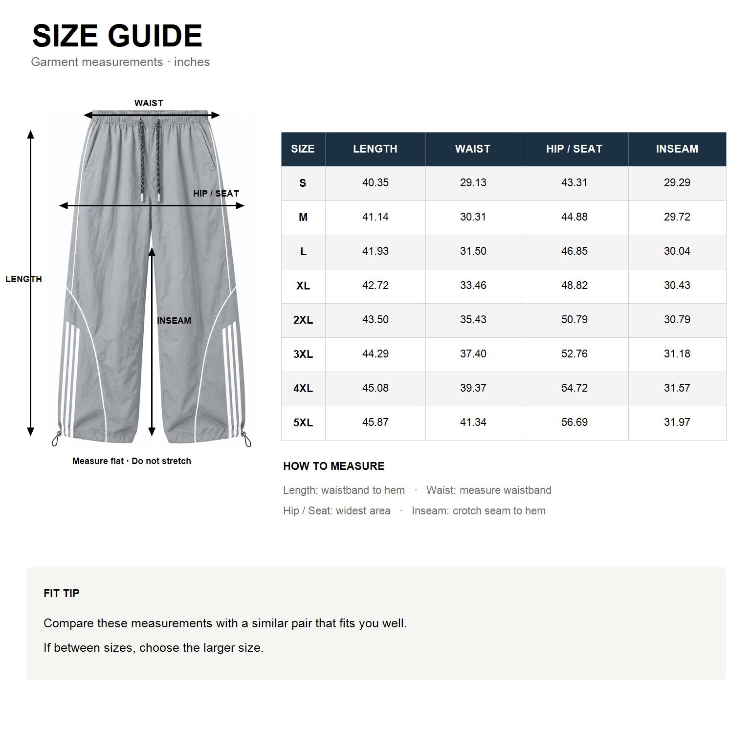 S to 5XL garment measurement guide