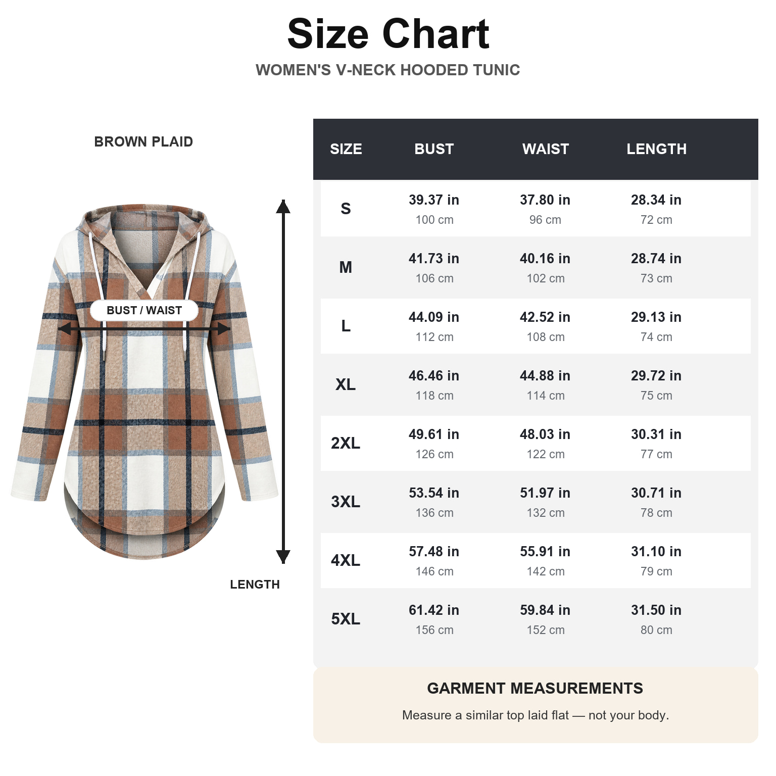 Garment measurement chart for women鈥檚 V-neck hooded tunic sizes S through 5XL