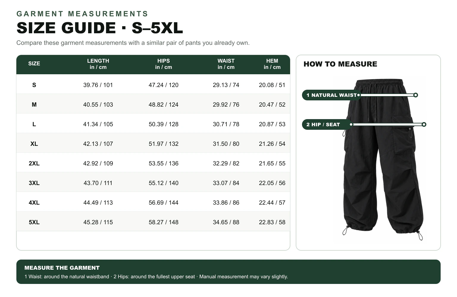 Garment measurement chart S to 5XL with natural waist and hip seat reference lines