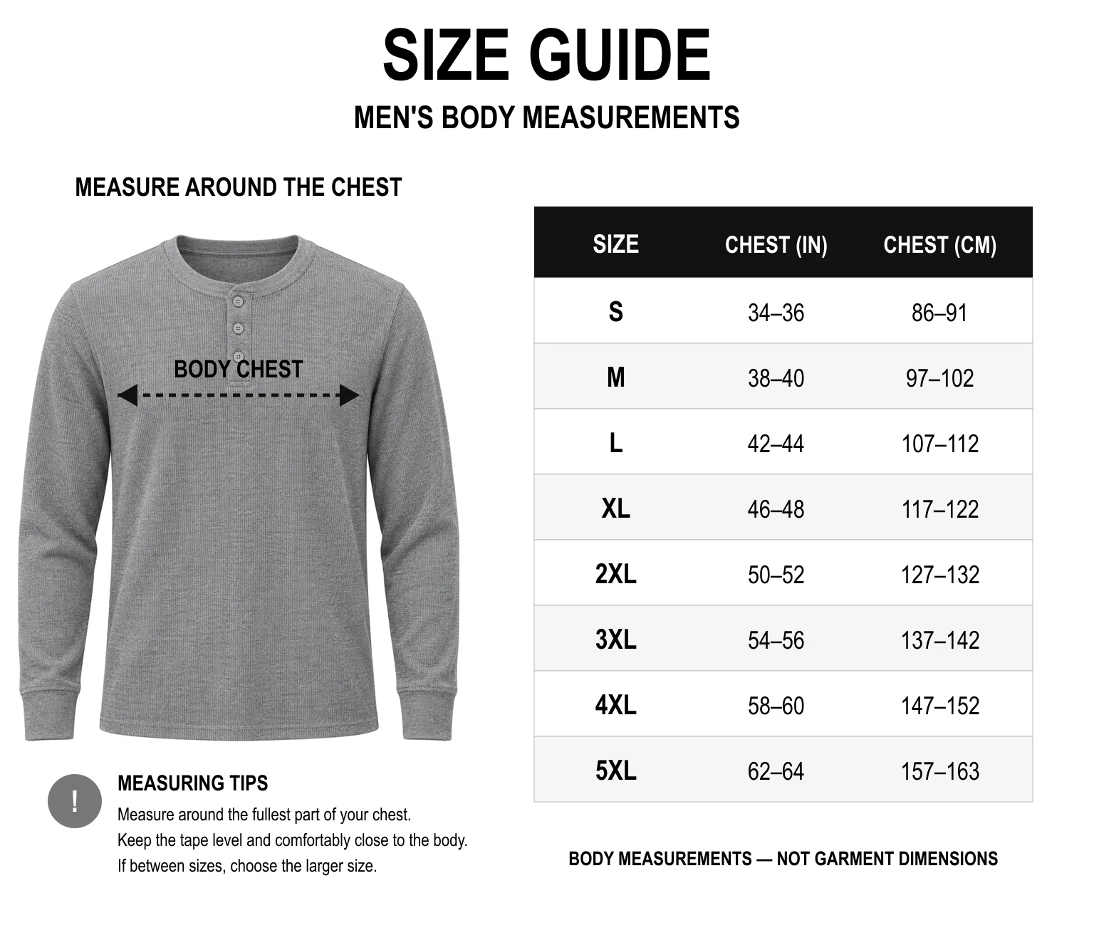 Men's body chest size guide S through 5XL