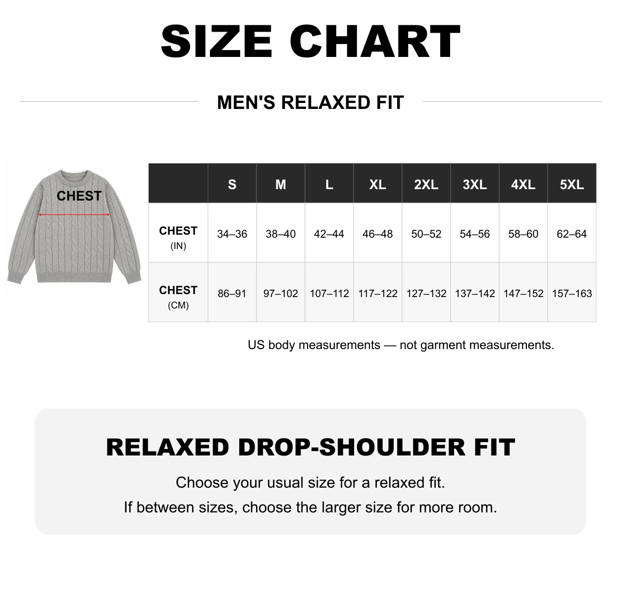 US body chest size guide from S through 5XL