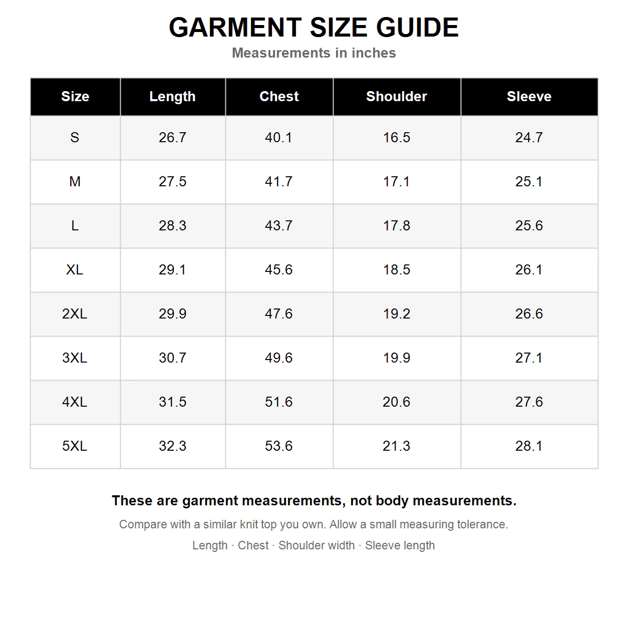 Garment measurement size guide from S through 5XL