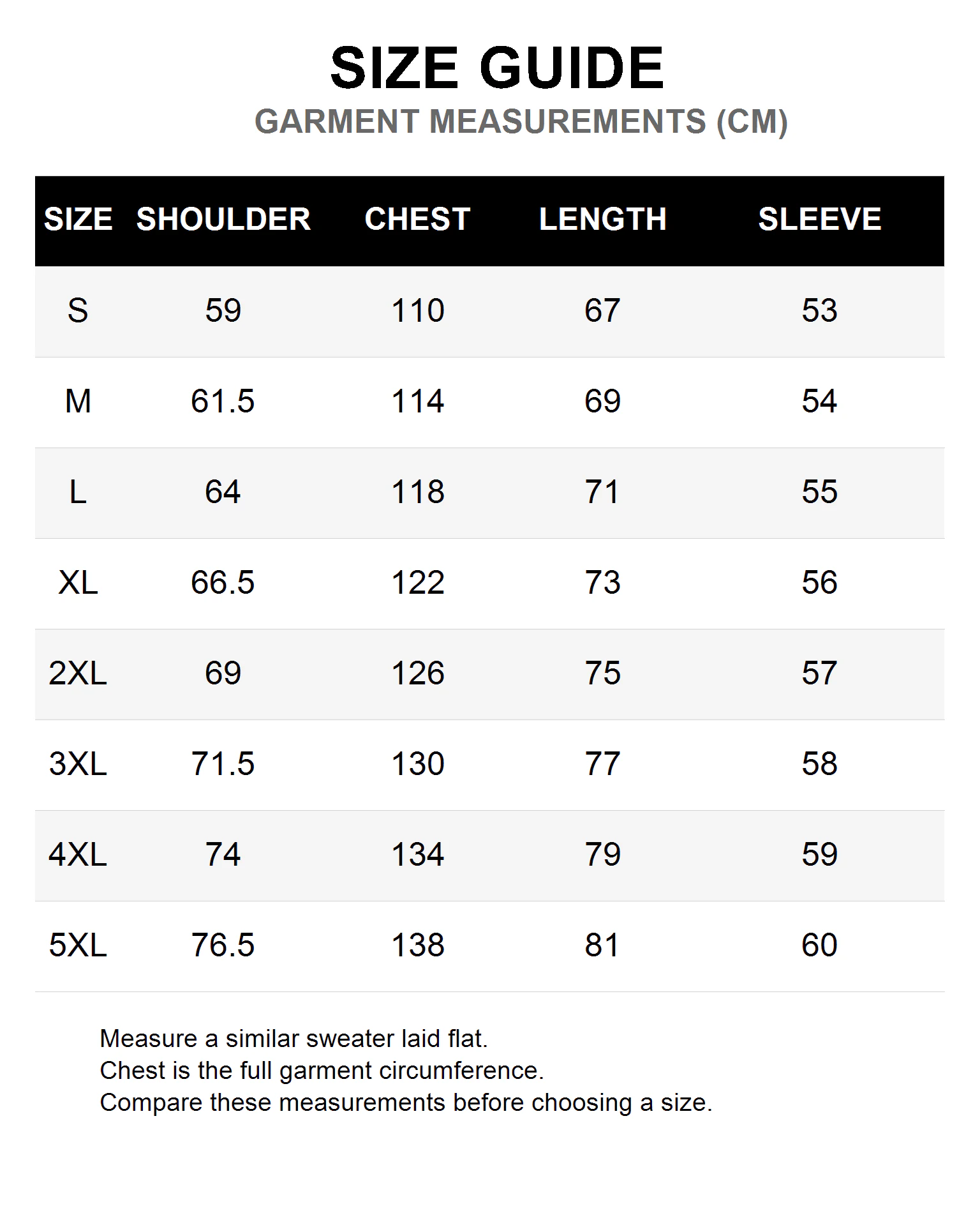 Garment measurement size guide S through 5XL