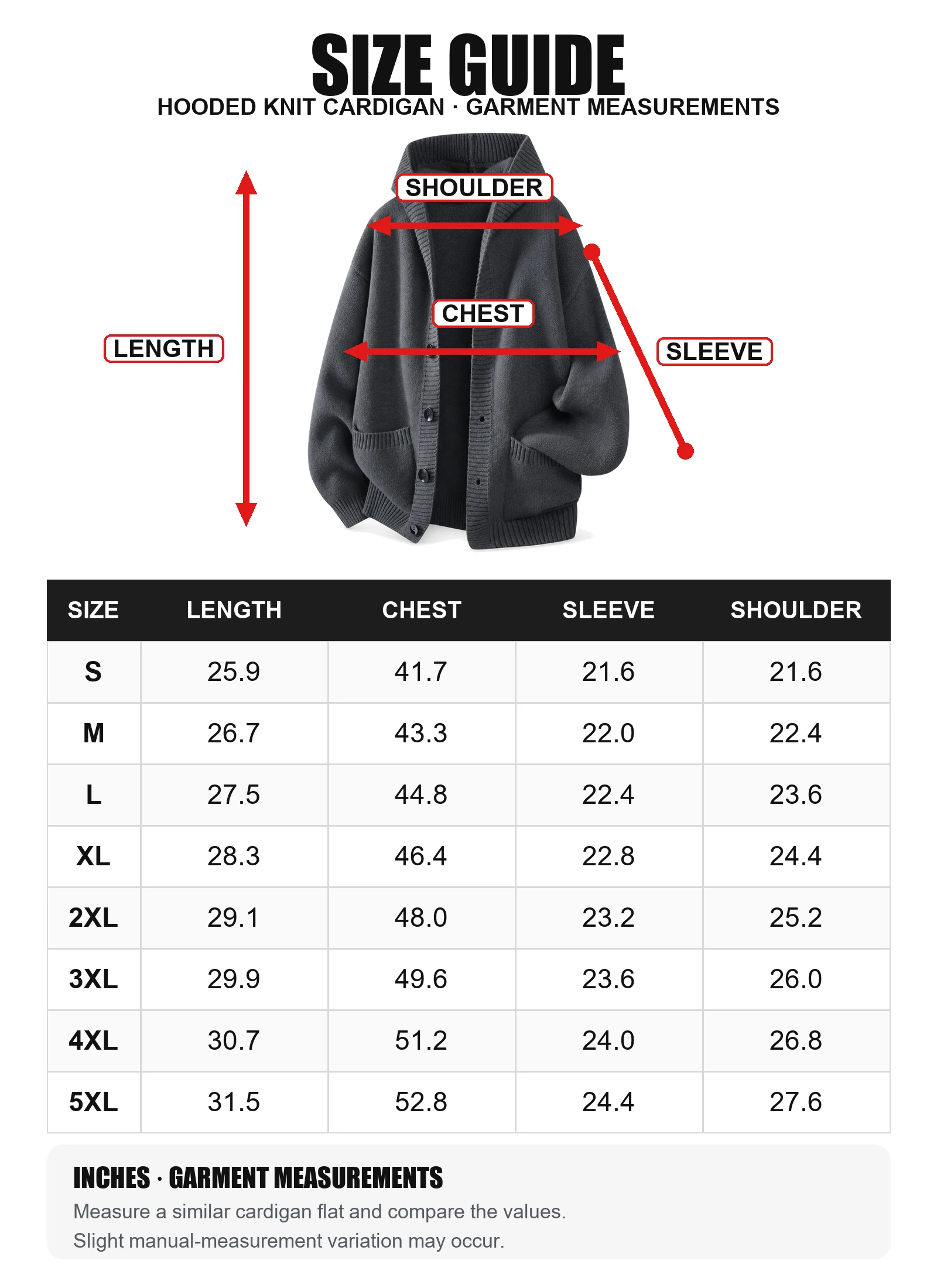 Hooded knit cardigan garment measurement chart from S to 5XL