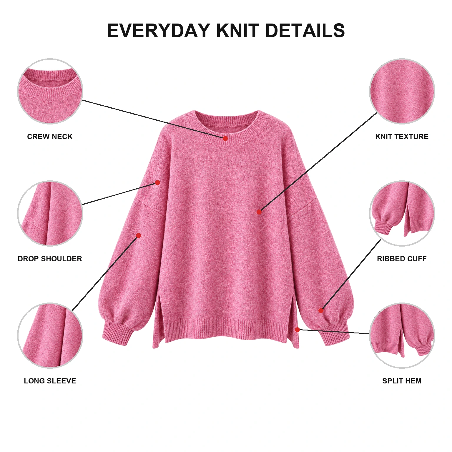 Pink knit sweater with crew neck, drop shoulder, long sleeve, knit texture, ribbed cuff and split hem callouts