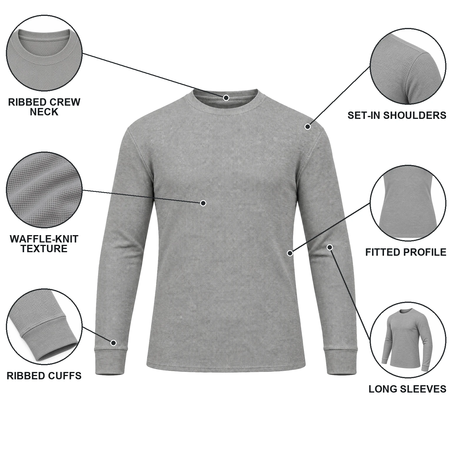 Heather Gray waffle-knit thermal with crew neck, shoulder, texture, fit, cuff and long-sleeve callouts