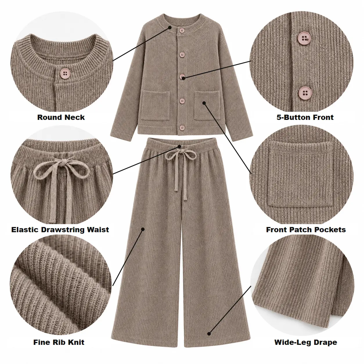 Fine-rib knit cardigan and wide-leg pants construction details