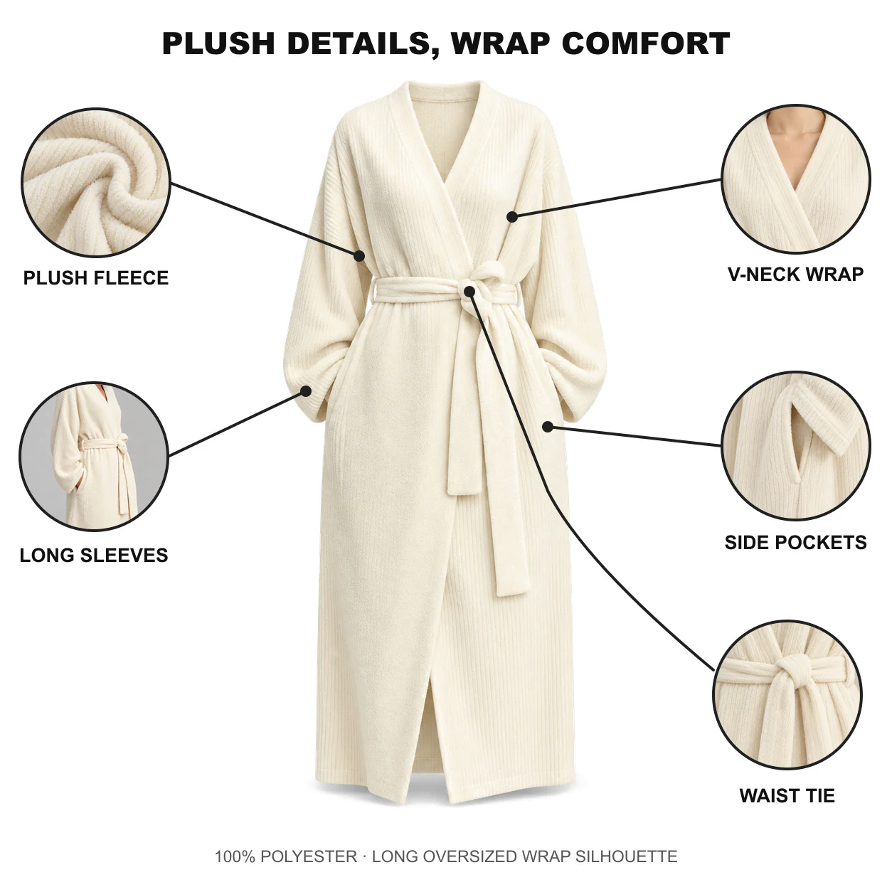 Plush fleece robe details including wrap neckline, long sleeves, side pockets and waist tie