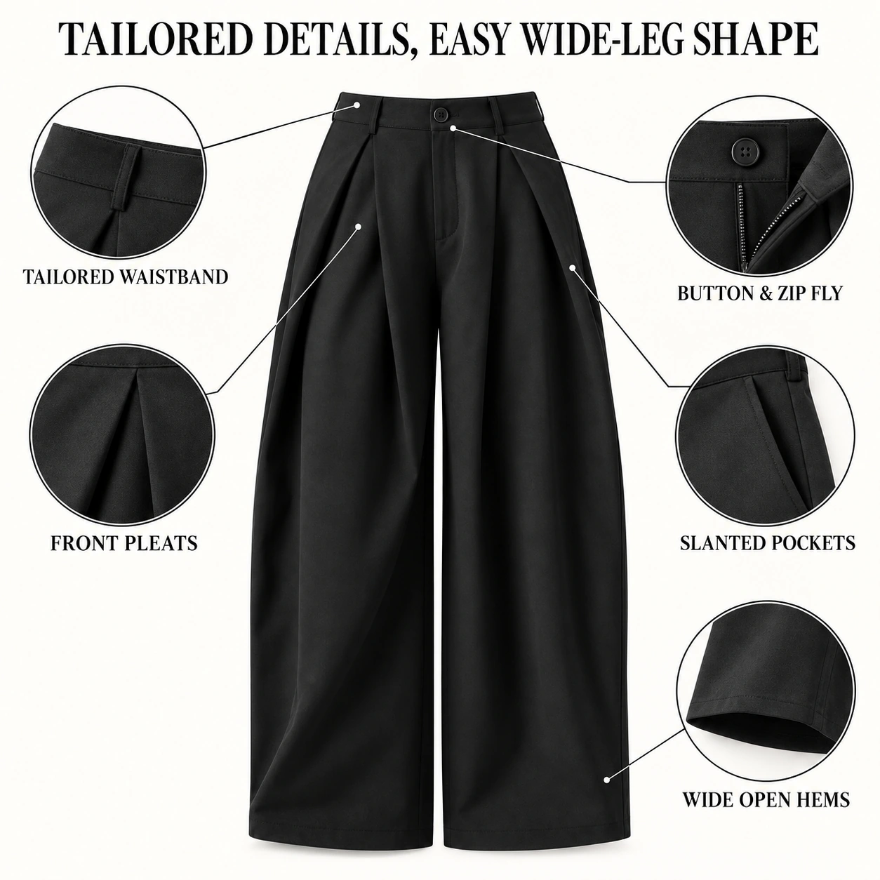 Tailored wide-leg pants construction and fabric features