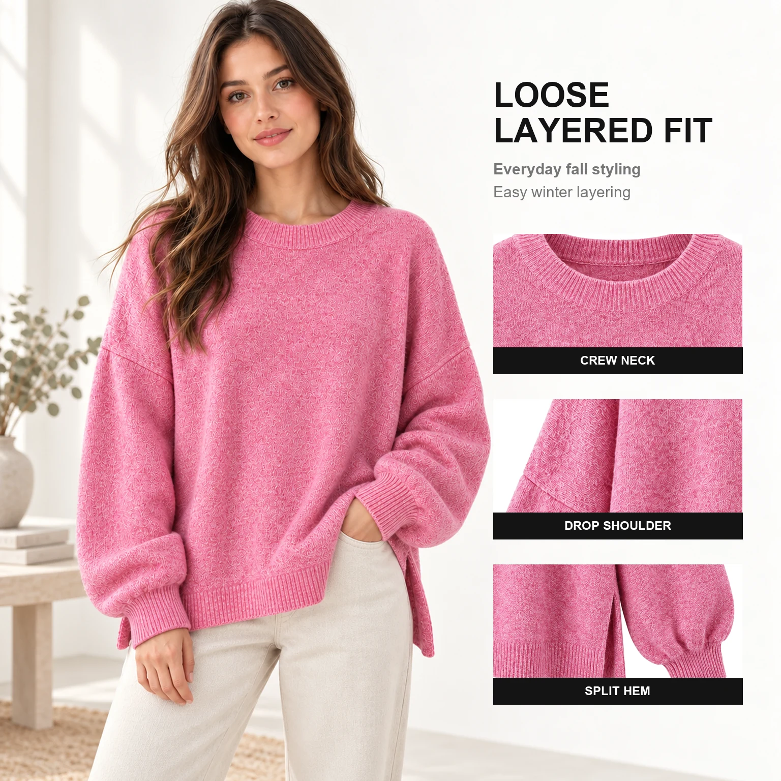 Woman styling the same pink drop-shoulder sweater in coordinated everyday scenes