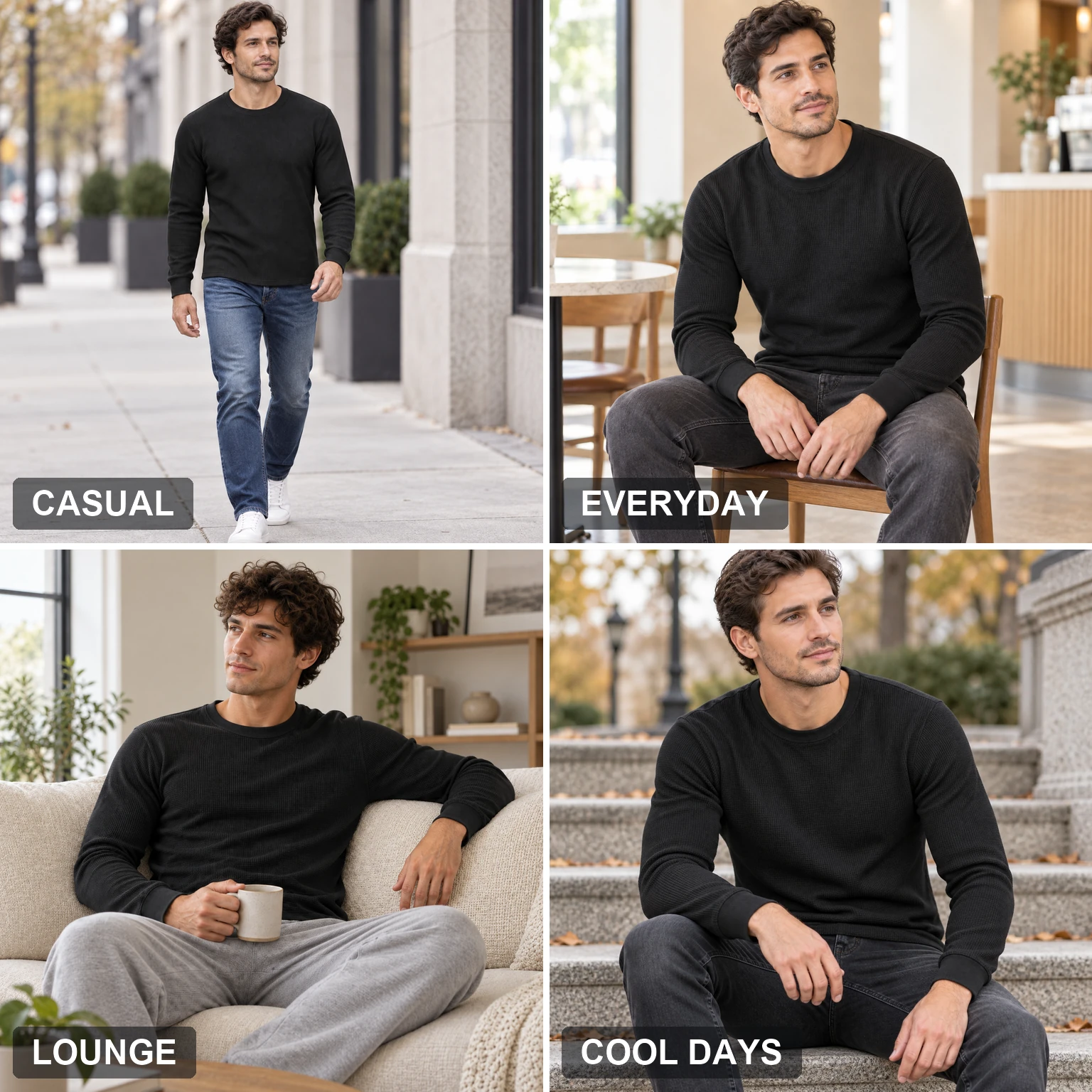 Men wearing black waffle-knit crew-neck thermals for casual, everyday, lounge and cool-day settings