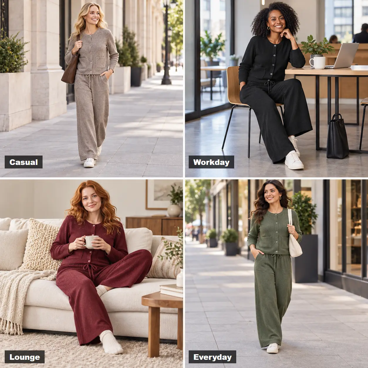 Women styling the knit two-piece set for casual, workday, lounge and everyday wear