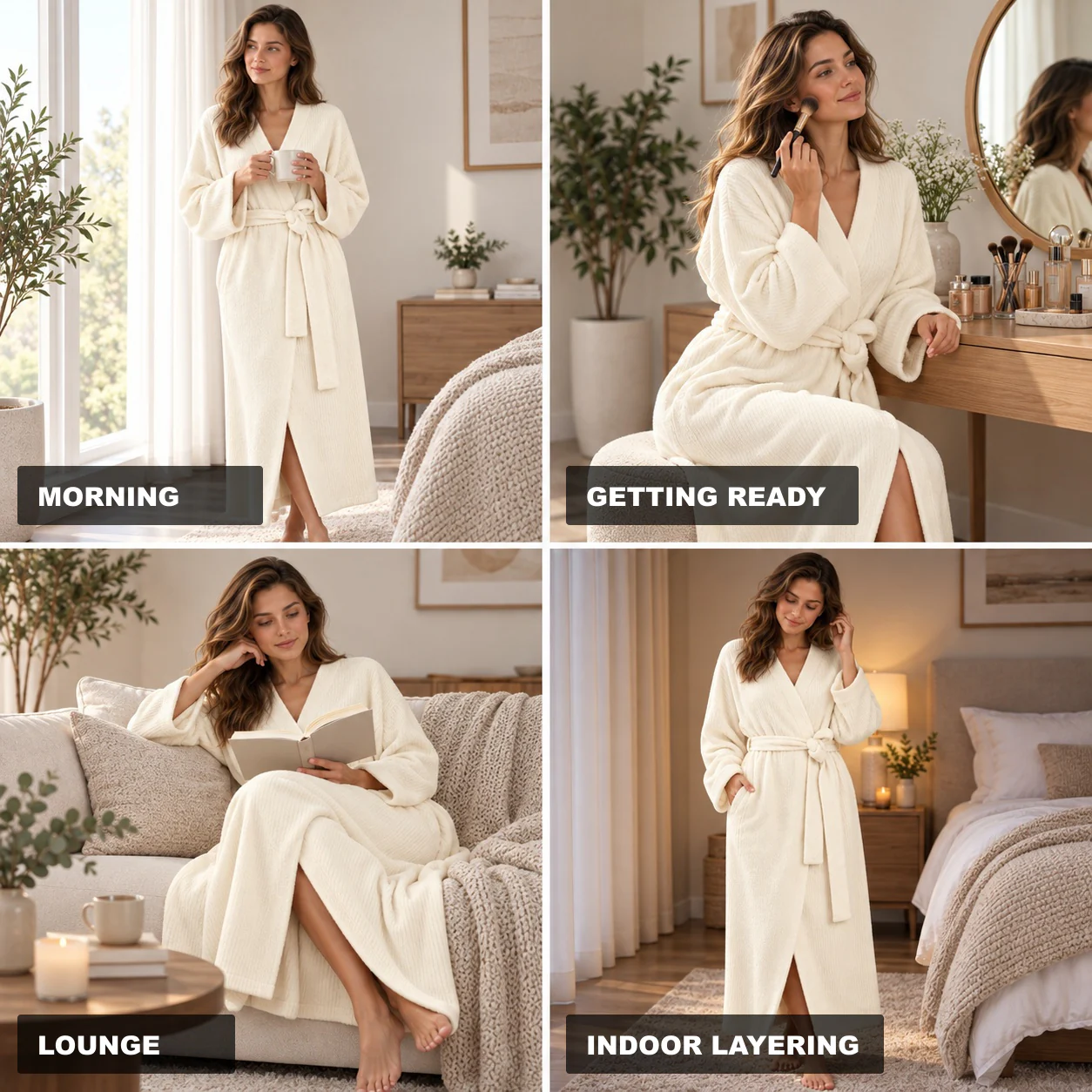 Women's cream long fleece robe shown for morning, getting ready, lounging and indoor layering