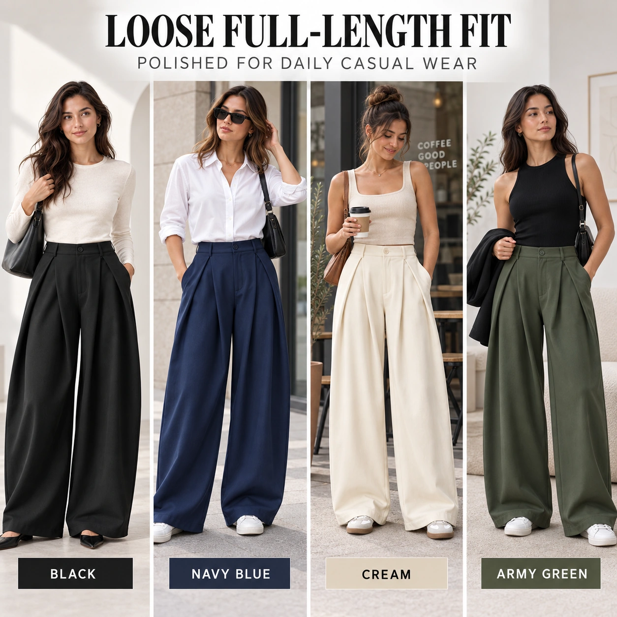 Women's black wide-leg pants shown in polished daily casual settings