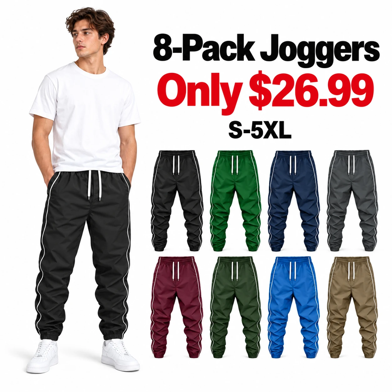 Men's side-stripe jogger pants 8-pack price and color overview
