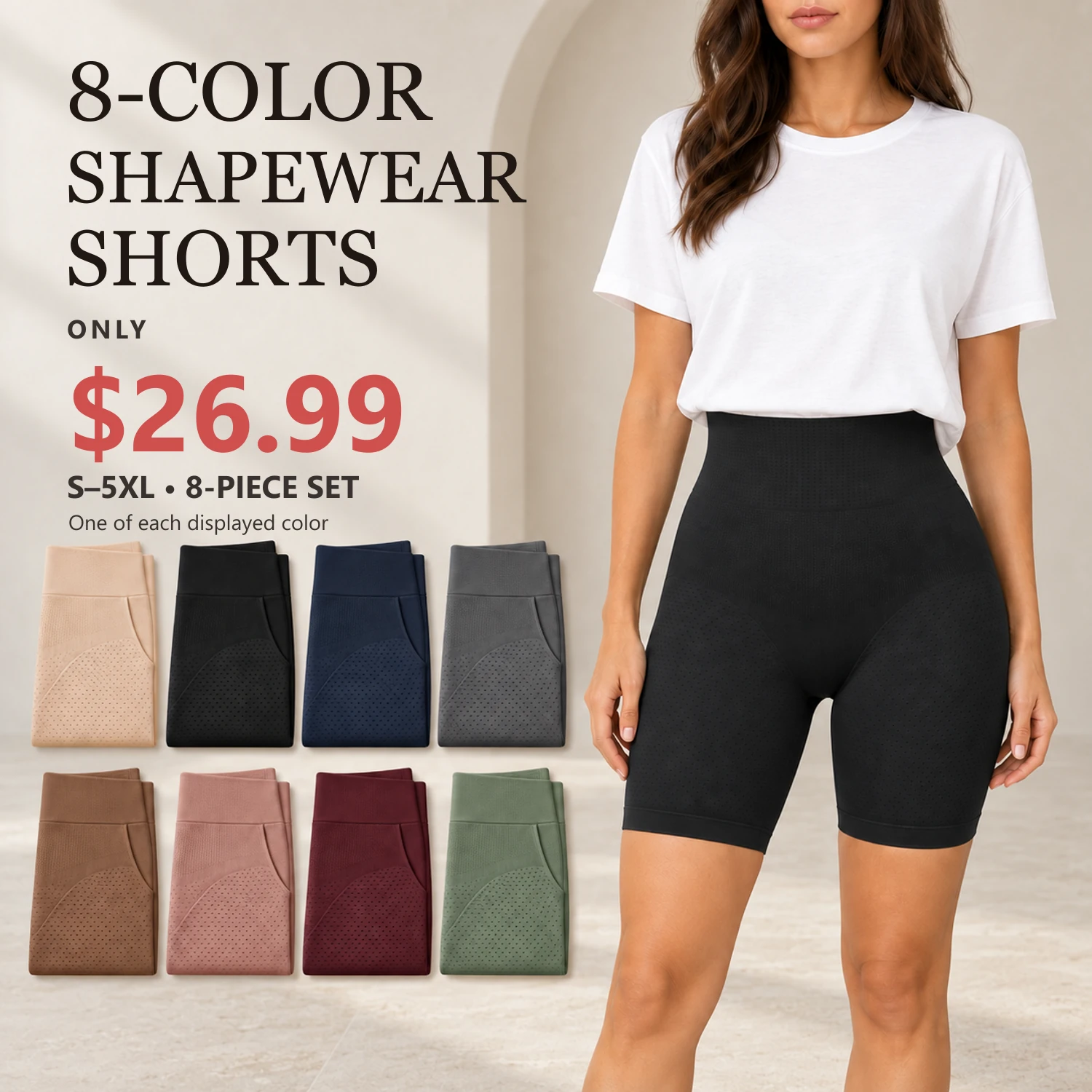 Eight-color high-waisted shapewear shorts set with $26.99 price and S to 5XL sizing