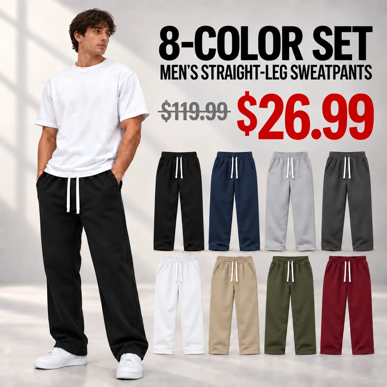 Men's straight-leg drawstring sweatpants 8-Color Set, sale price $26.99 and compare-at price $119.99