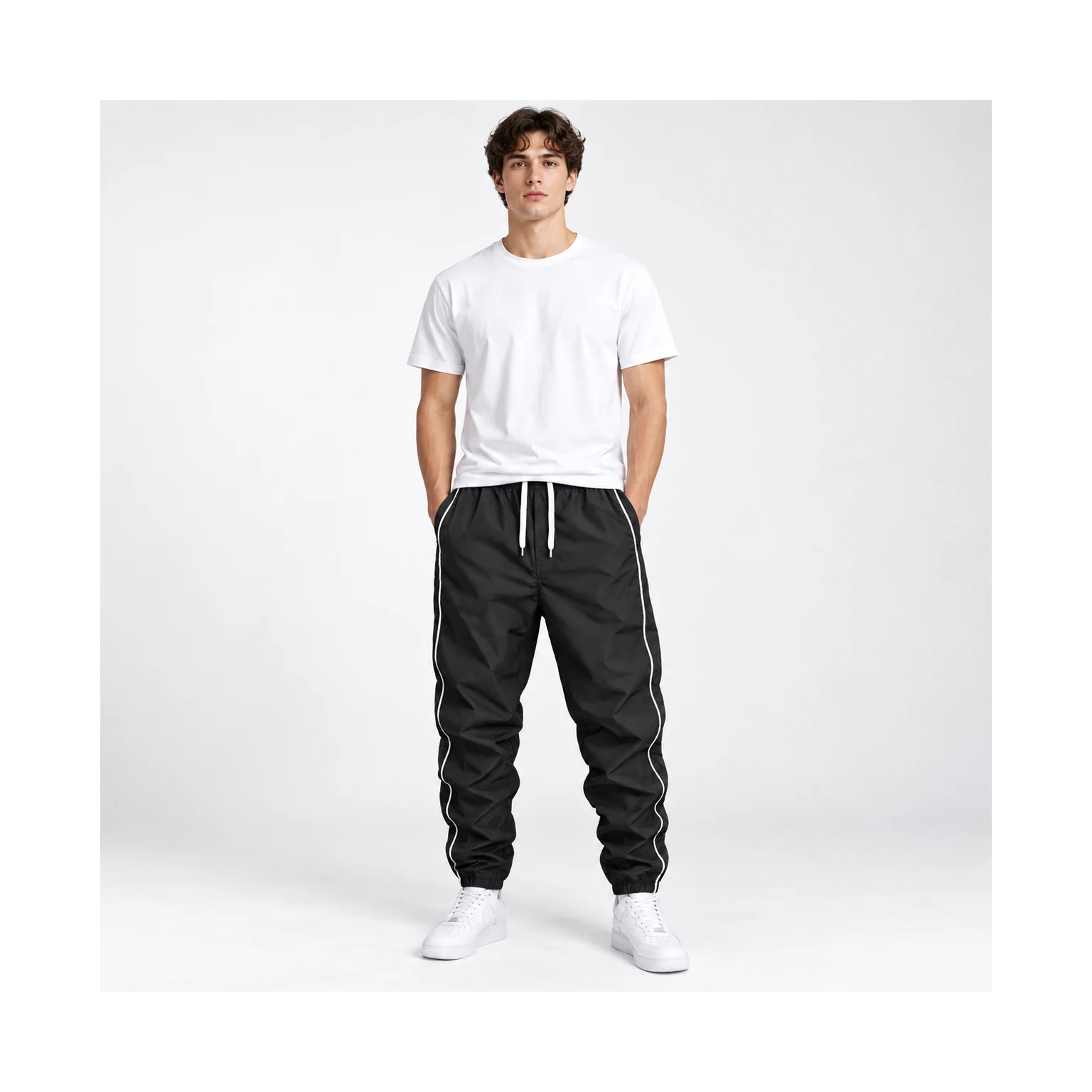 Men's black side-stripe jogger pants front fit