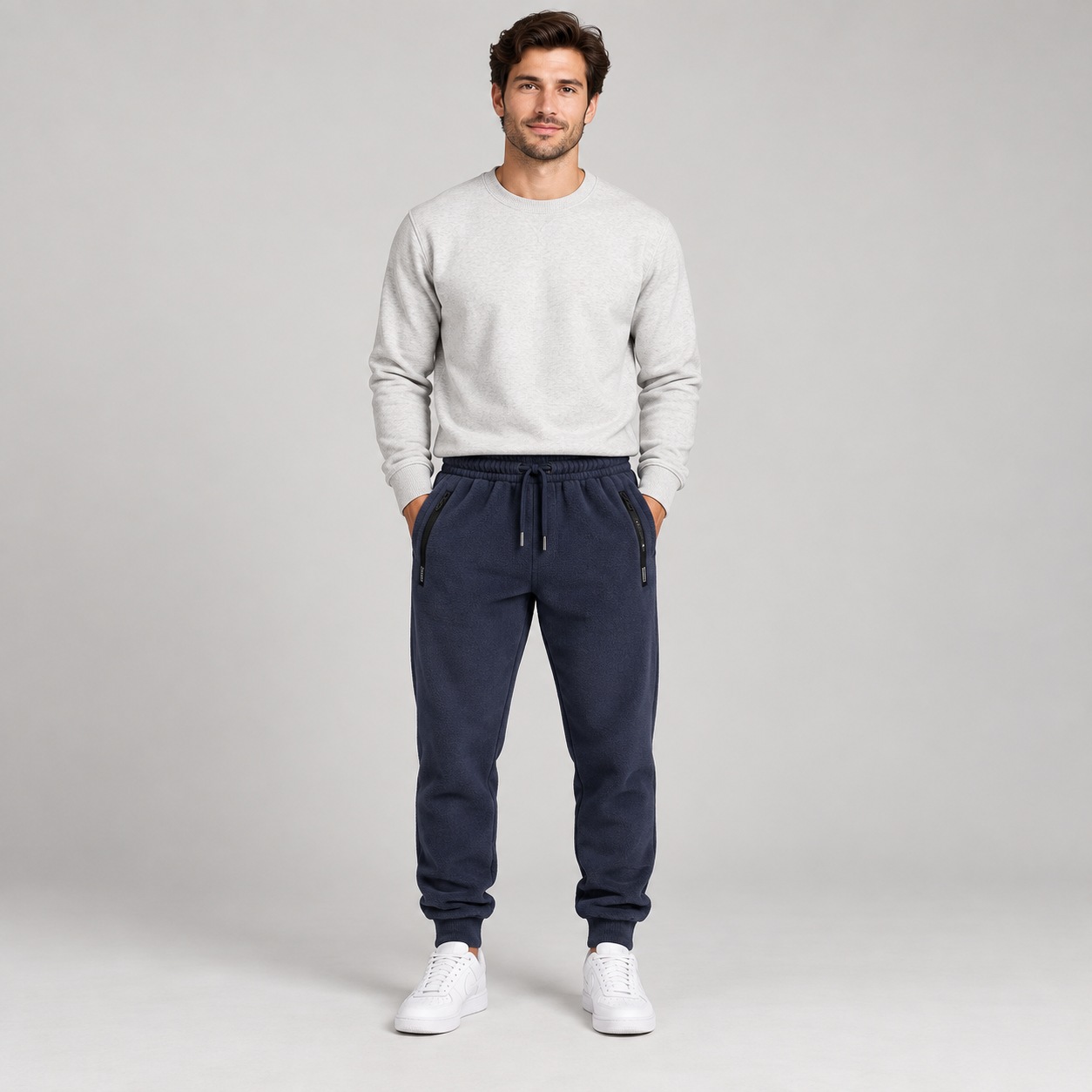 Men's navy polar fleece jogger pants front view