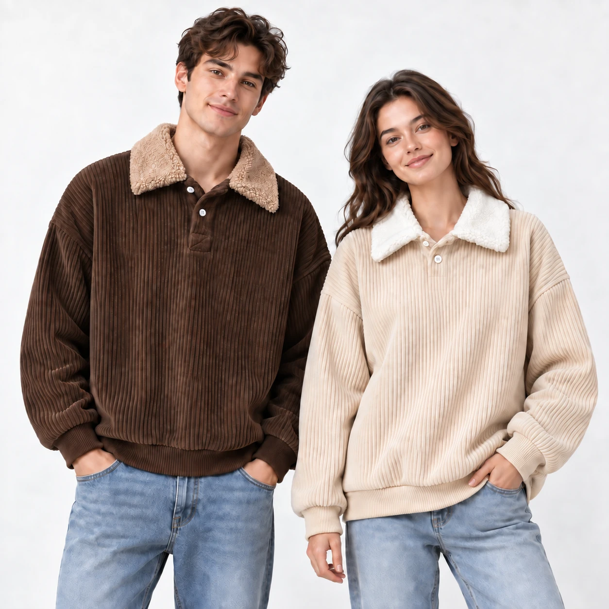 Front view of Brown and Apricot corduroy pullovers with plush contrast collars and two-button plackets