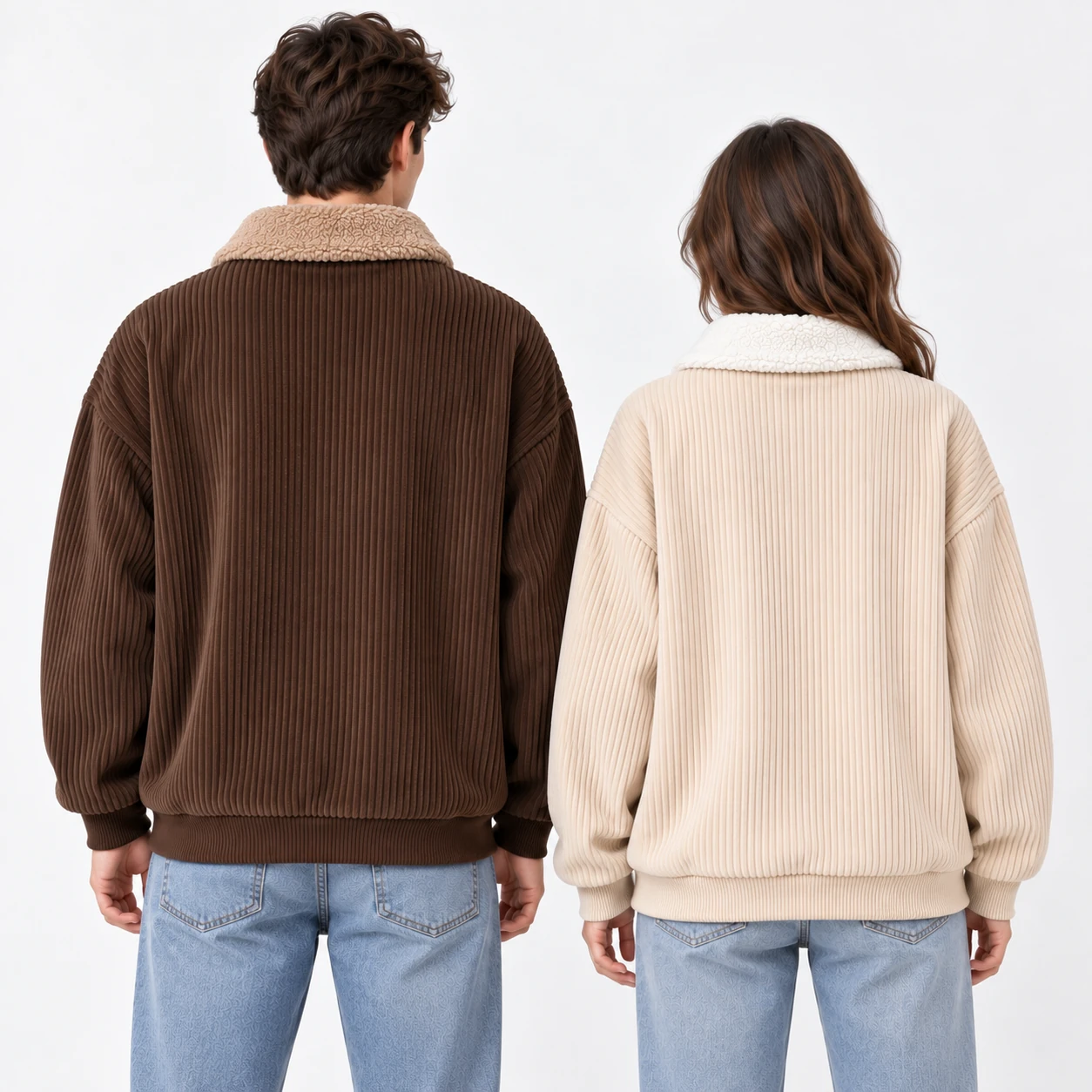 Back view of Brown and Apricot corduroy pullovers with continuous vertical corduroy texture