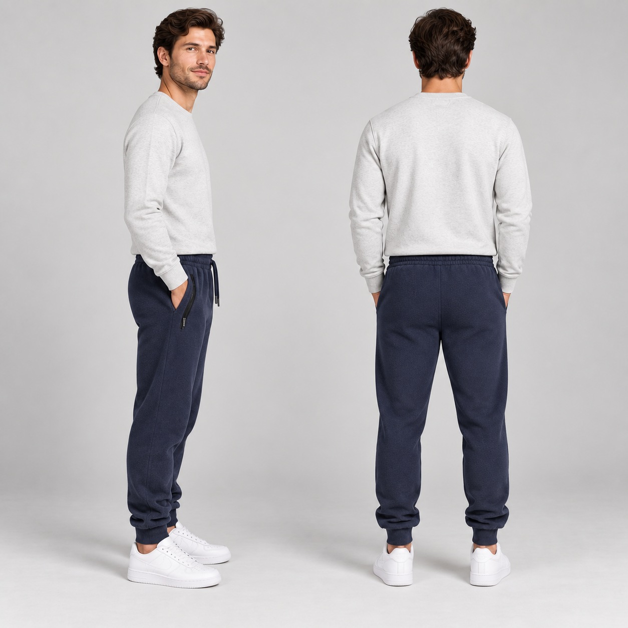 Men's navy polar fleece jogger pants side and back views