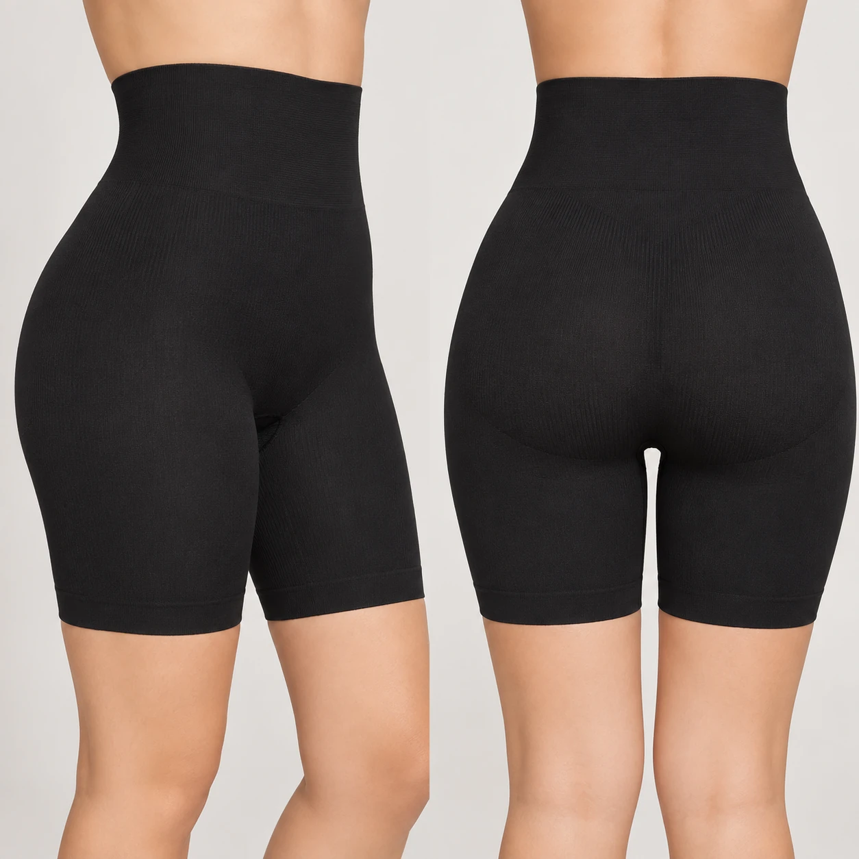 Women high-waisted shapewear shorts side and back fit views