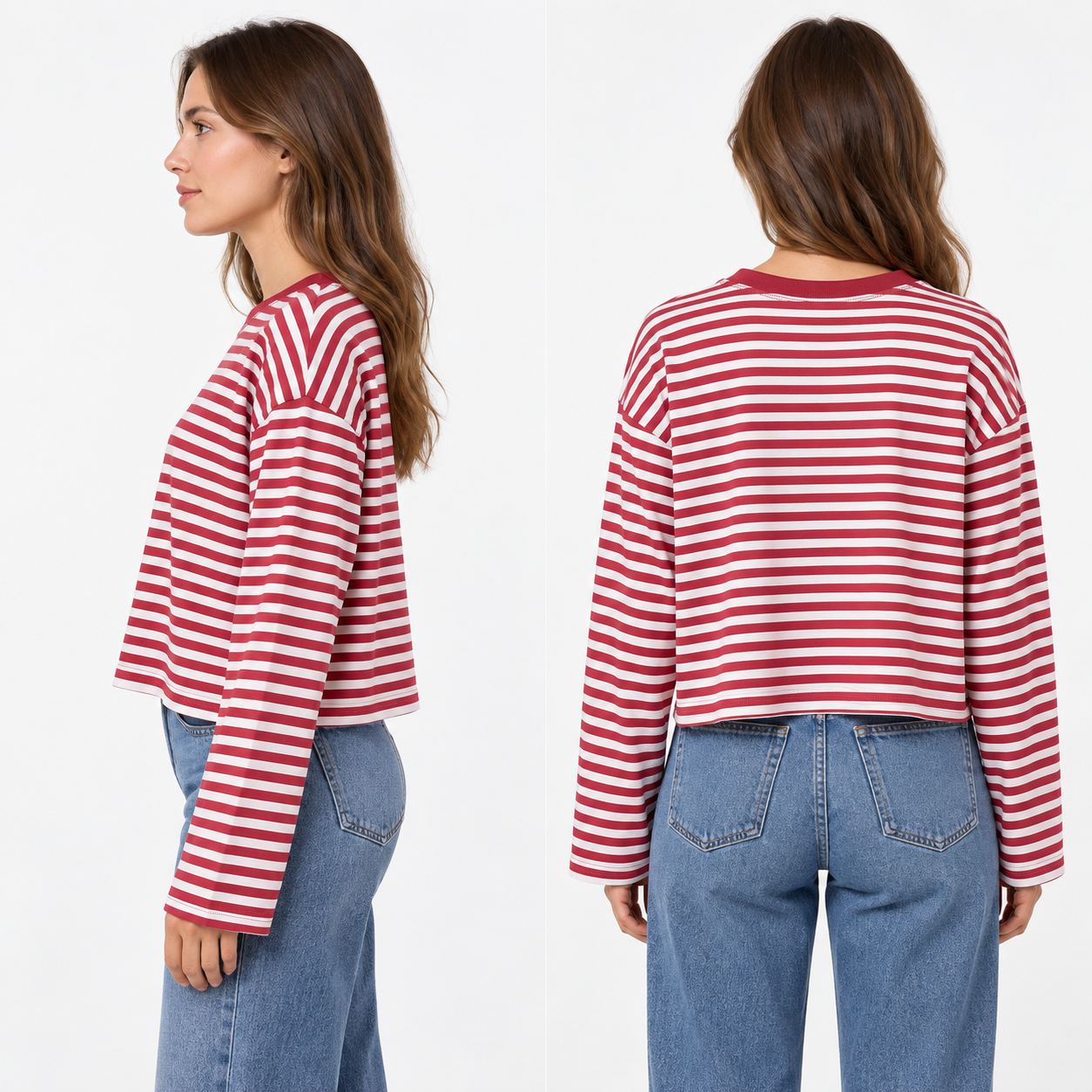 Side and back views of the women's striped loose-fit knit top