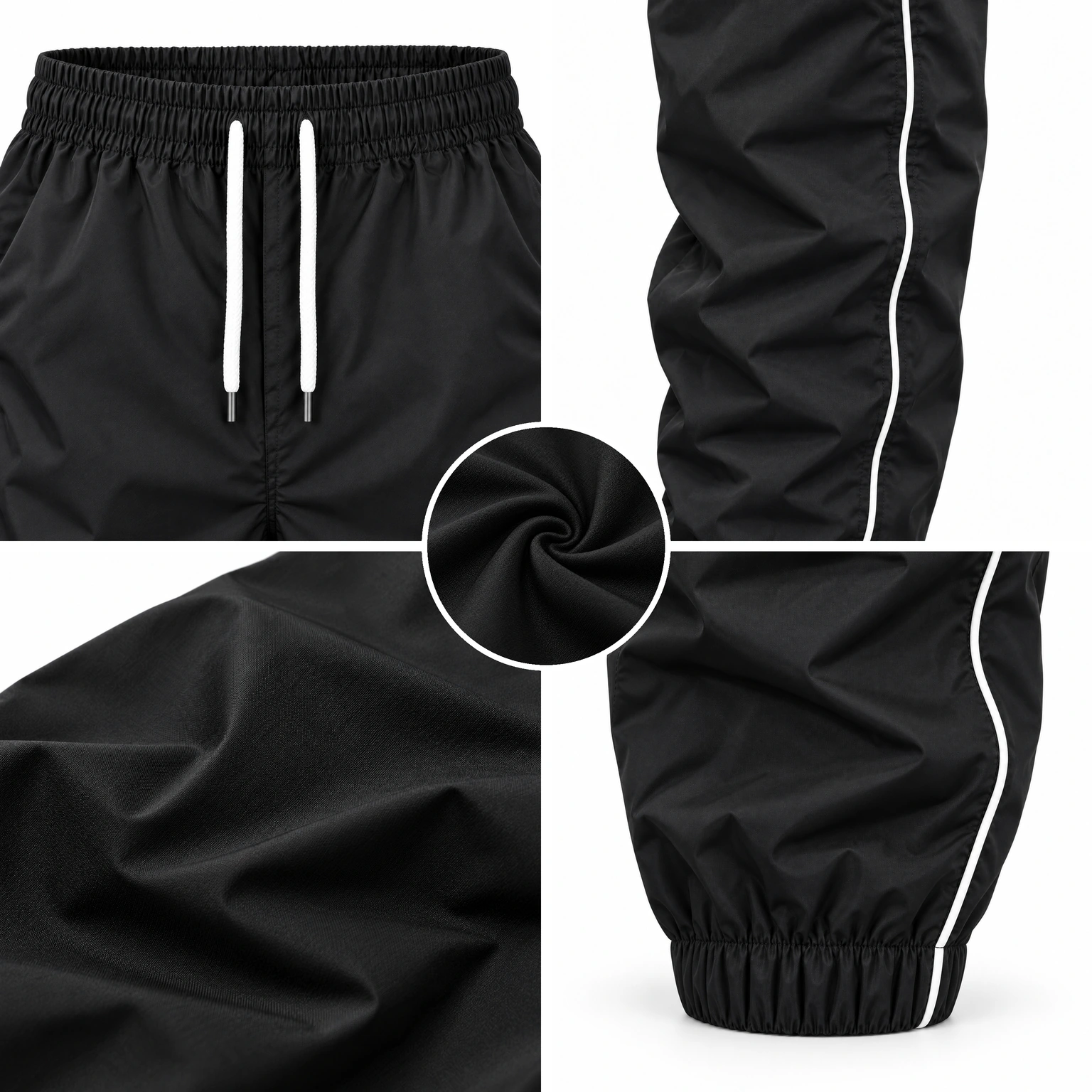 Drawstring waist, side piping, woven shell and elastic cuff details