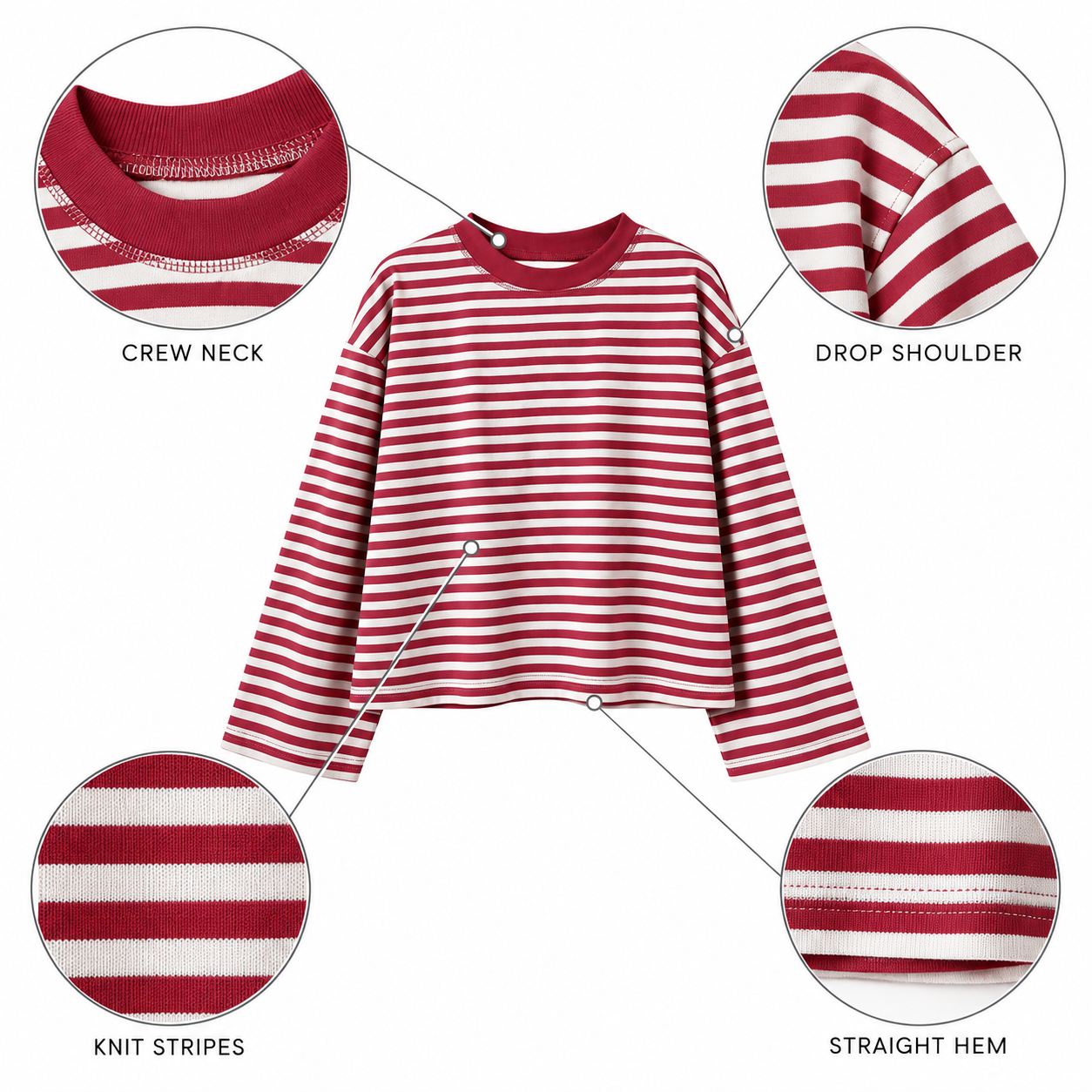 Ribbed crew neck, striped knit surface, extra-long sleeves and straight hem details