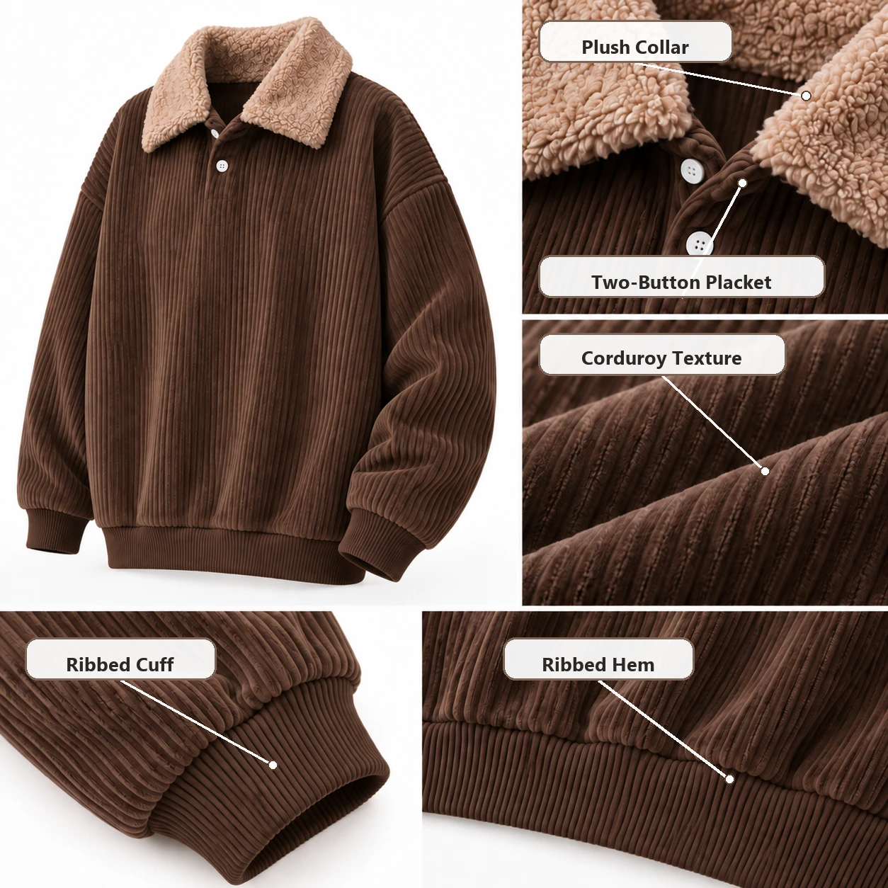 Close views of the plush collar, two-button placket, corduroy texture, ribbed cuff and ribbed hem