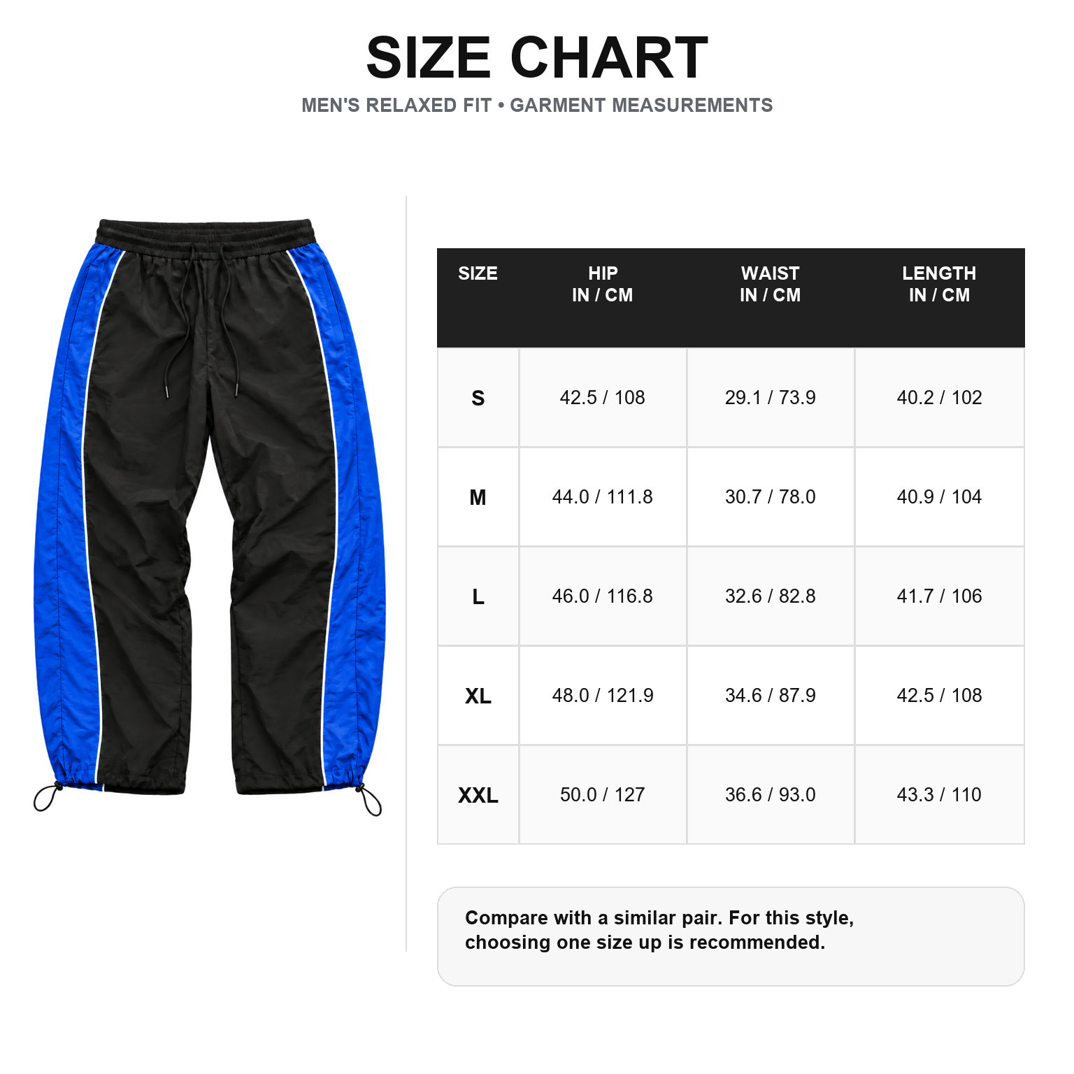 Men's piped cinch-hem track pants garment measurement size chart S to XXL