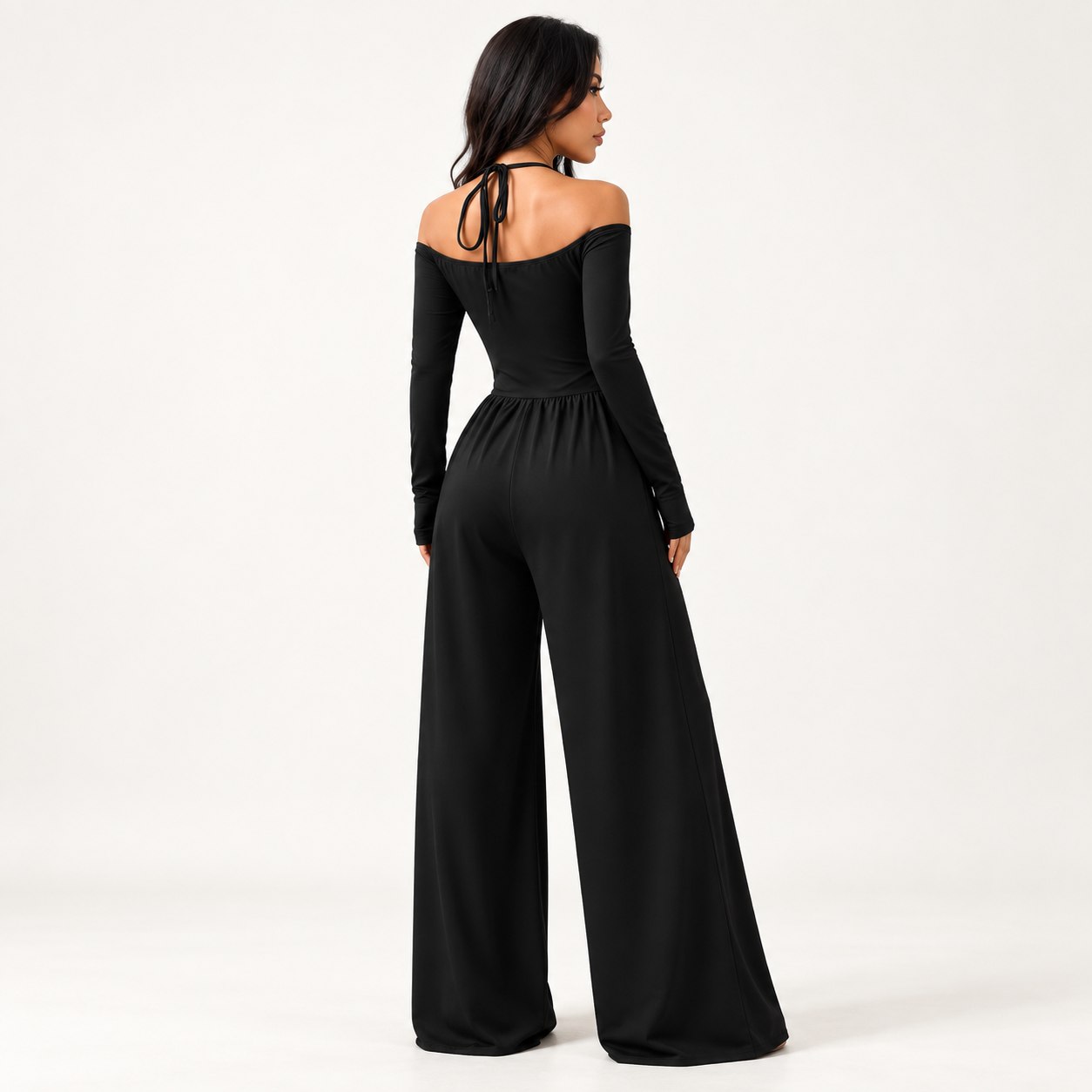 Black off-shoulder halter-neck wide-leg jumpsuit back view