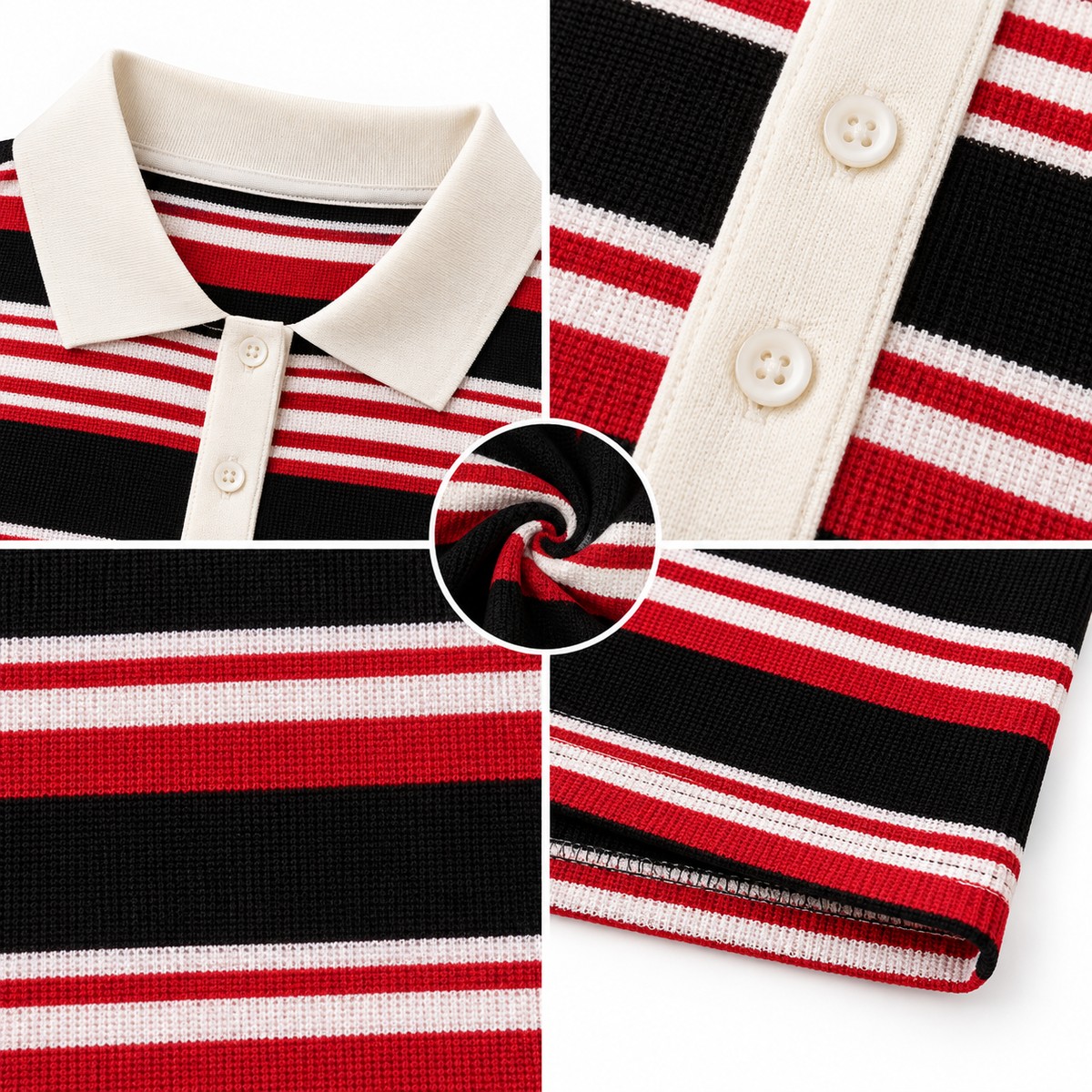 Striped collared top collar, placket, knit and hem construction details