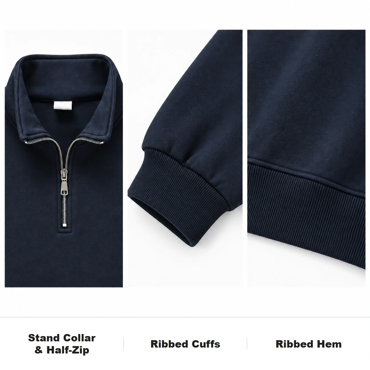 Half-zip stand collar, ribbed cuff, ribbed hem and smooth surface details
