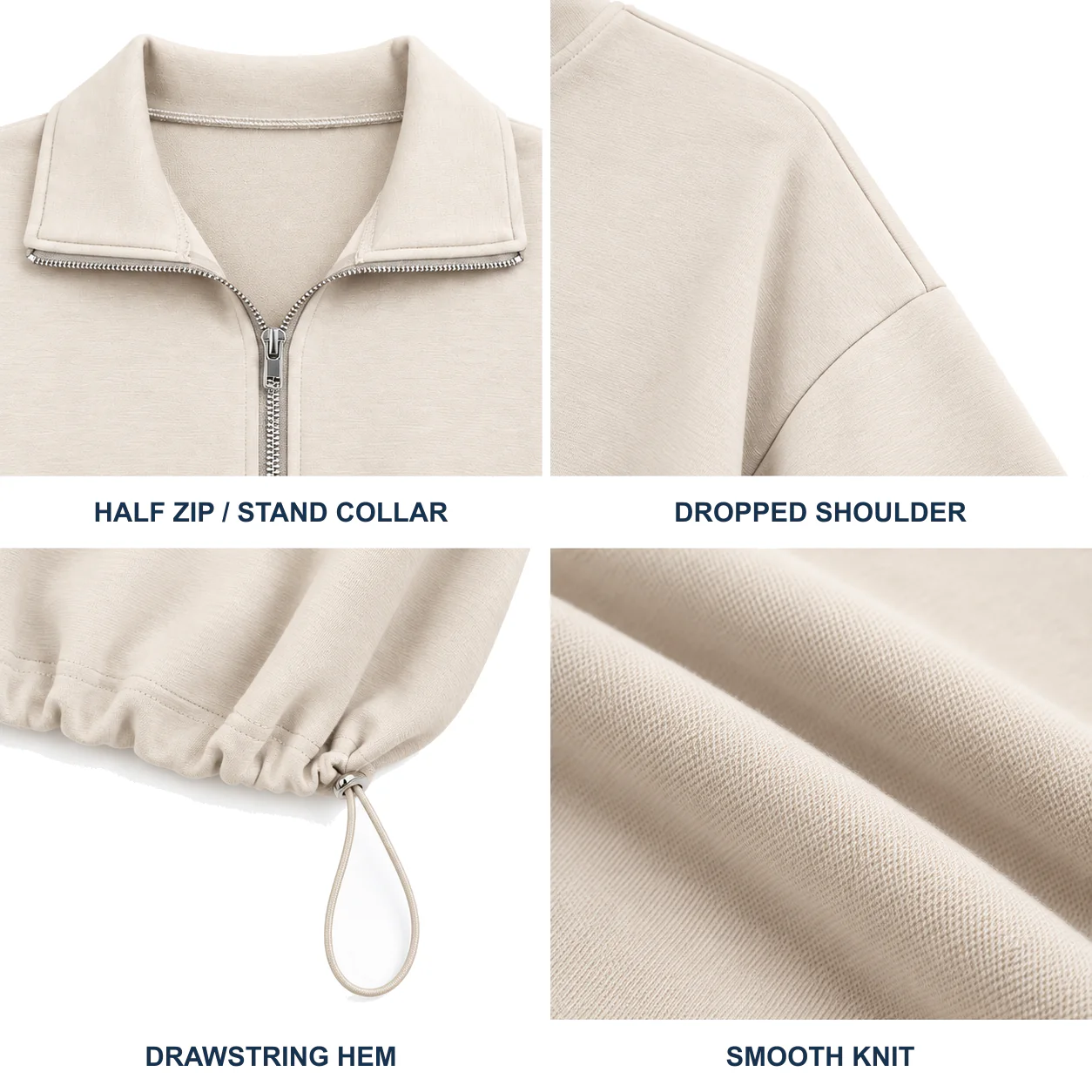 Women's apricot half-zip cropped sweatshirt construction details