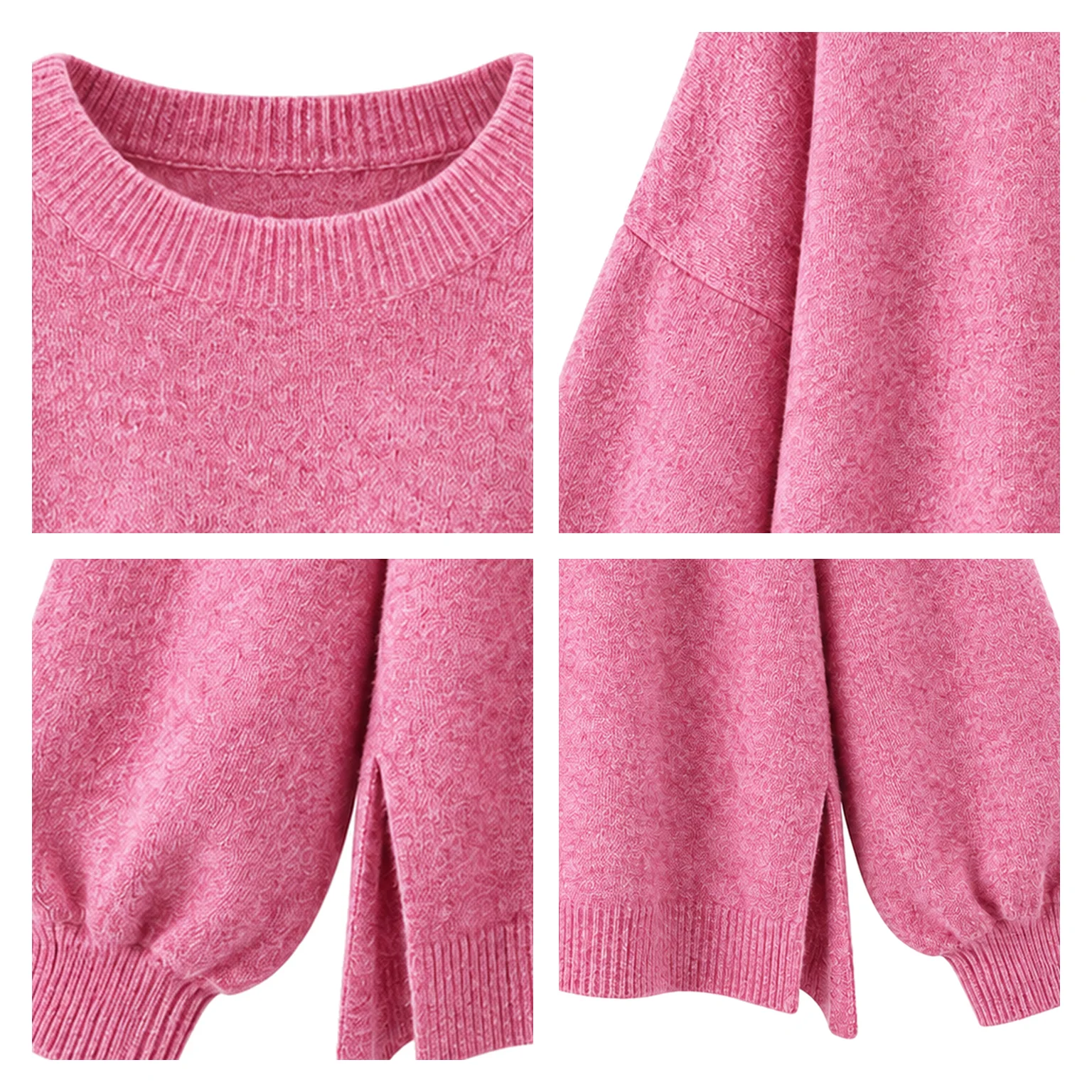 Pink sweater knit texture, neckline, shoulder, cuff and split-hem details