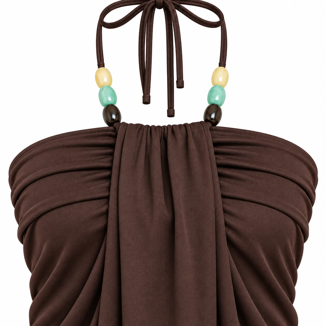 Beaded tie-halter, gathered front drape, curved side folds and fine-knit jersey details