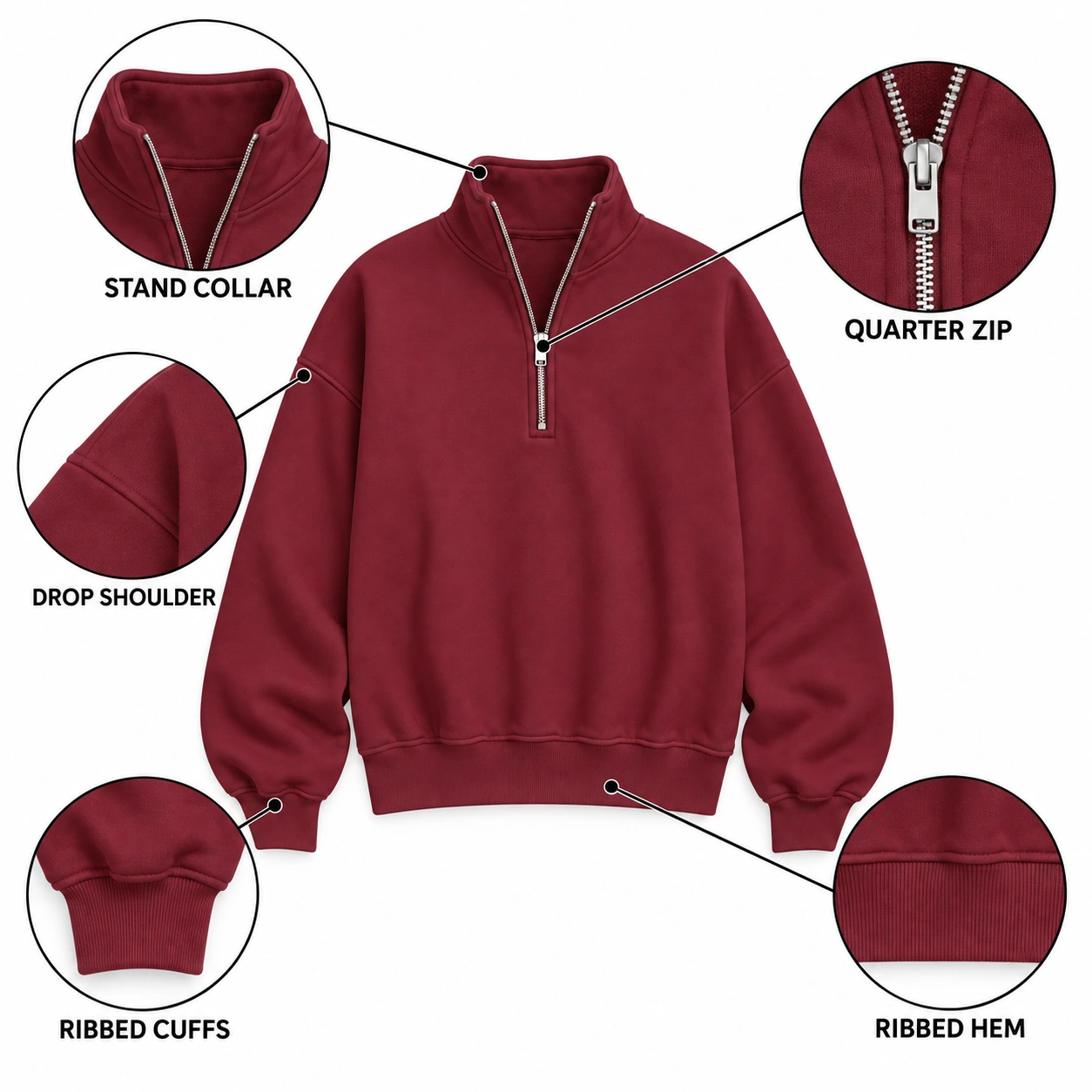 Quarter-zip collar, zipper, cuffs and ribbed hem details