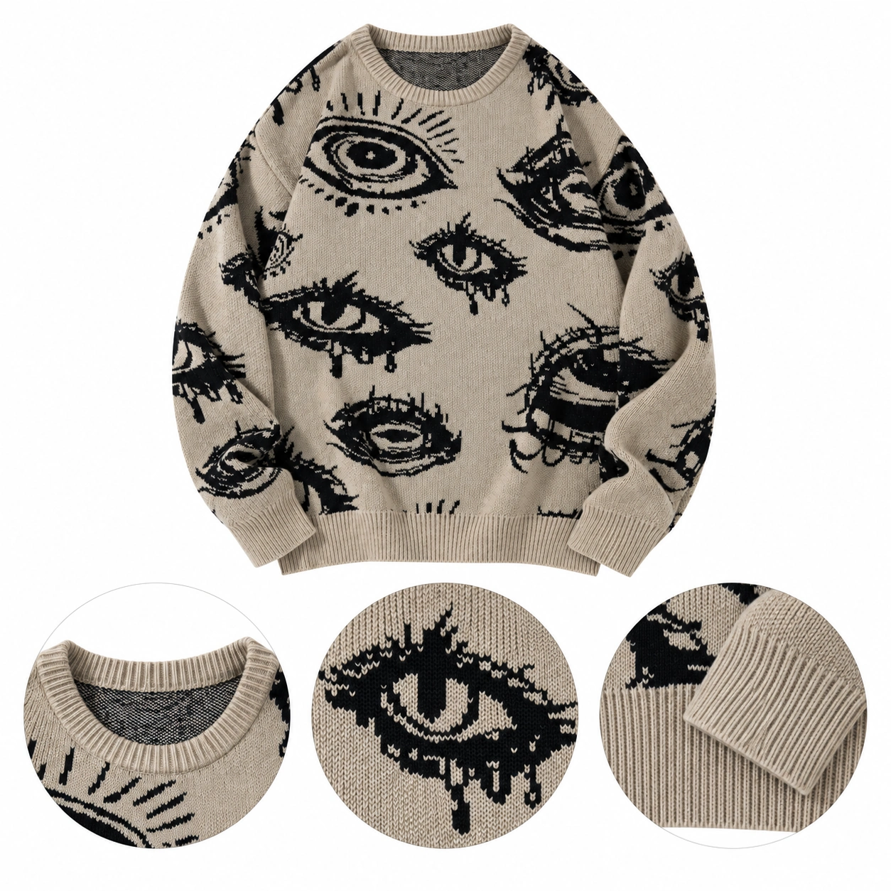 Eye pattern knit, ribbed neckline, cuff and hem details