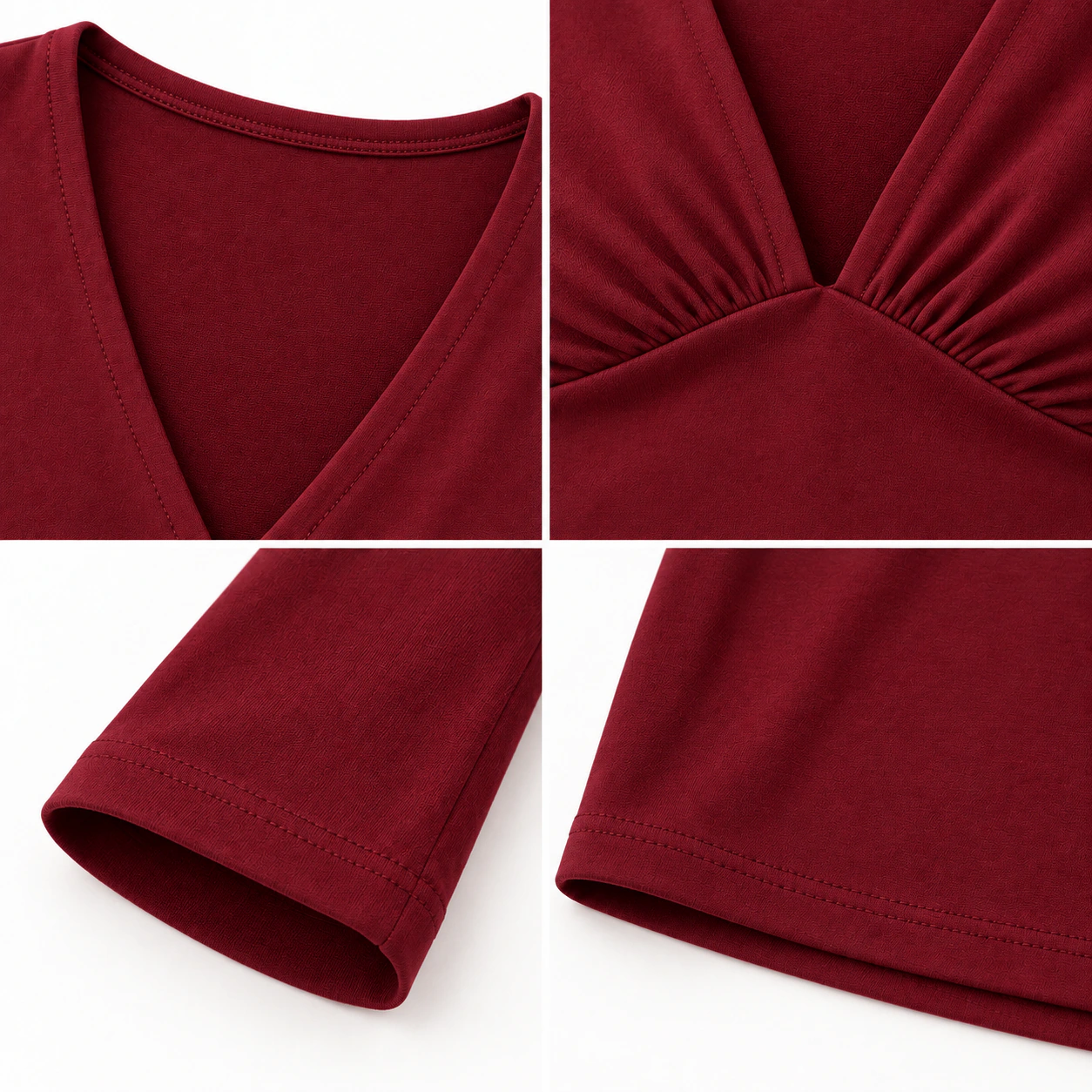 Deep V neckline gathered bust sleeve knit and hem details