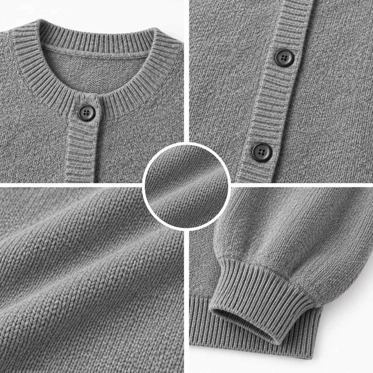 Grey cardigan neckline, knit texture, button band, sleeve and ribbed finishing details