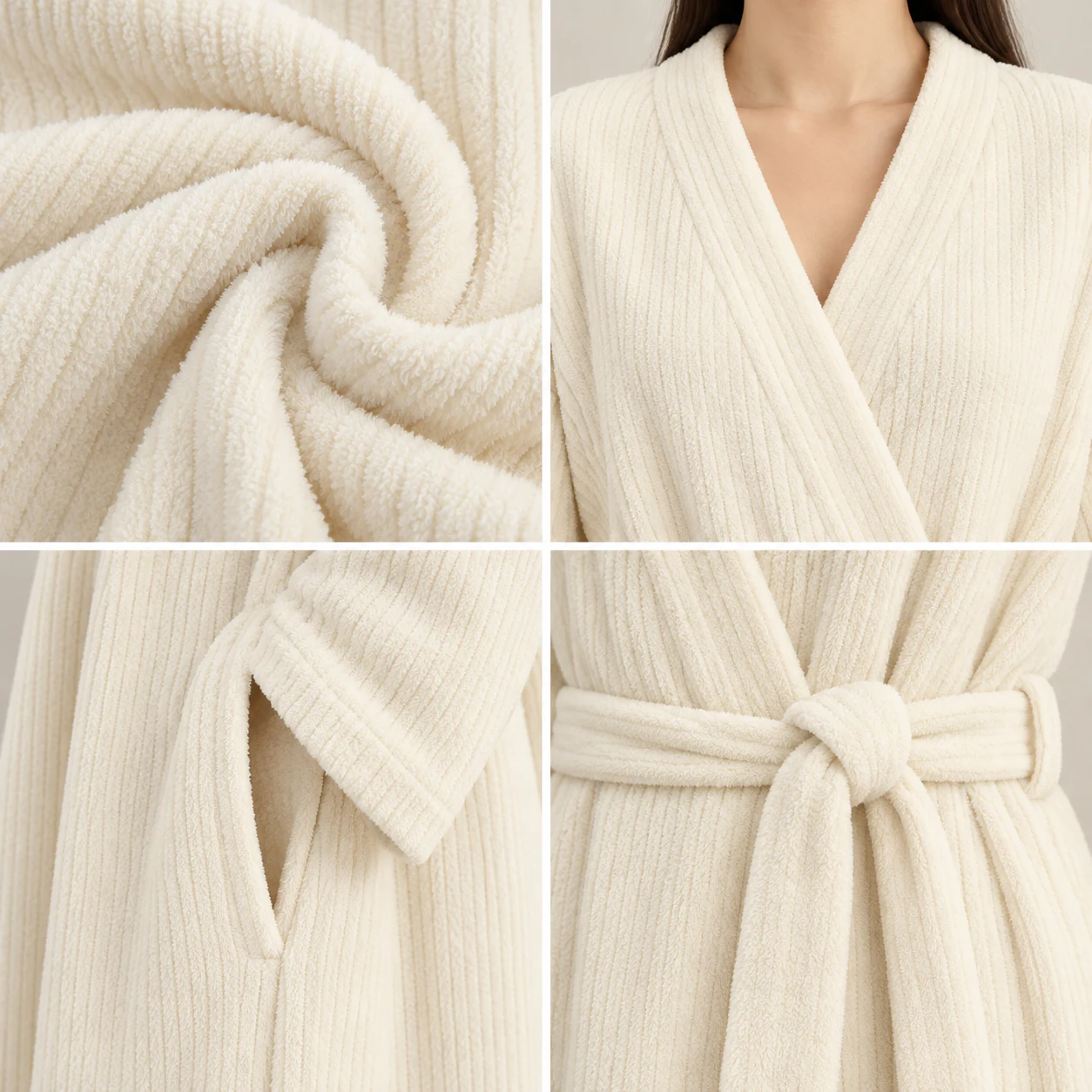 Cream fleece robe fabric, wrap neckline, pocket and waist-tie details
